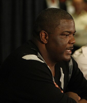 AUBURN HILLS, MI - NOVEMBER 04: President of Basketball Operations Joe Dumars of the Detroit Pistons introduces Allen Iverson #1 at press conference after being traded from the Denver Nuggets on November 4, 2008 at the Palace of Auburn Hills in Auburn Hil