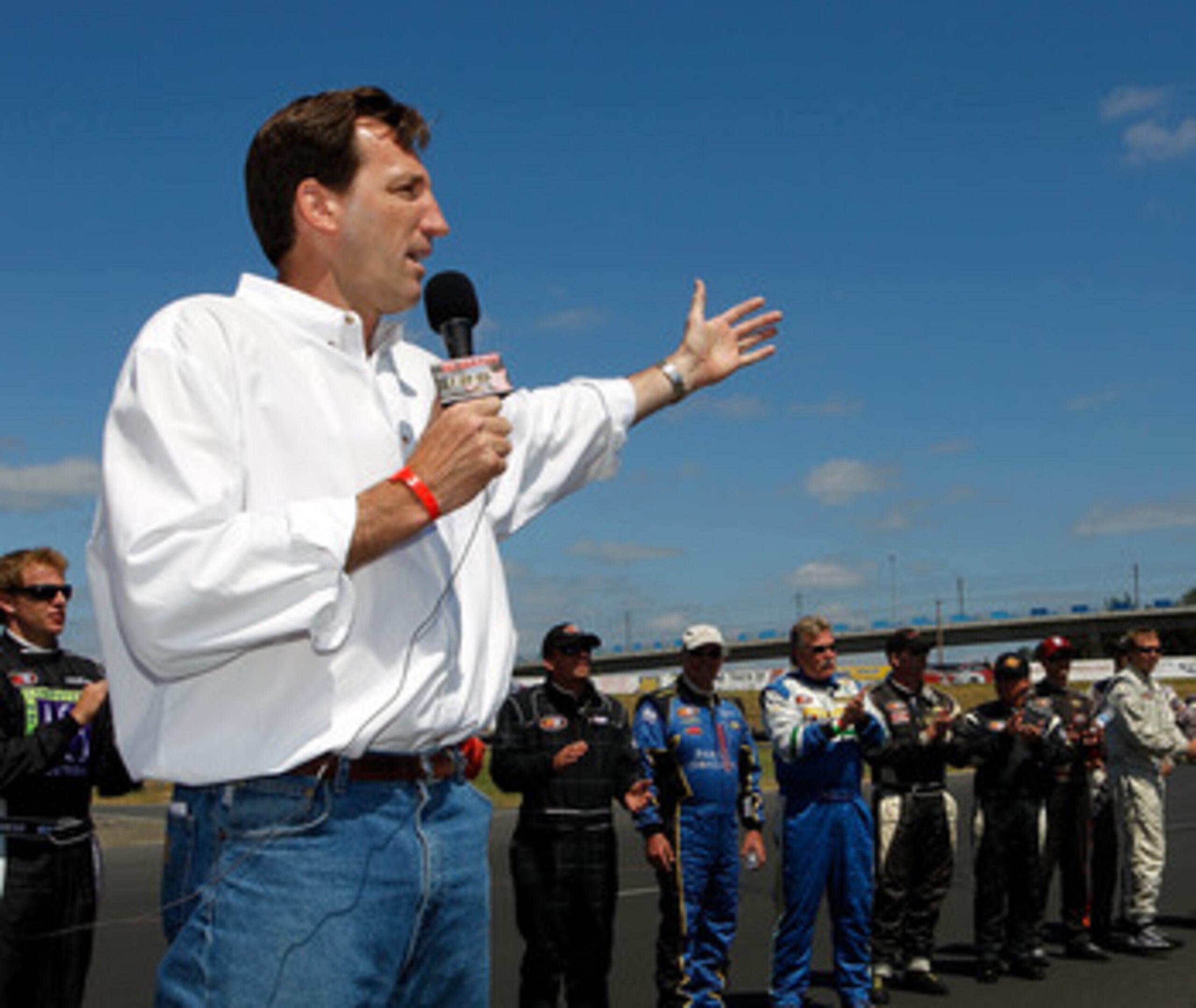PORTLAND, OR - JULY 18:  Oregon gubernatorial candidate Chris Dudley premeets drivers and speaks before the NASCAR K&N Pro Series West Bi-Mart Salute to the Troops 125 on July 18, 2010 at Portland International Raceway in Portland, Oregon.  (Photo by Jona