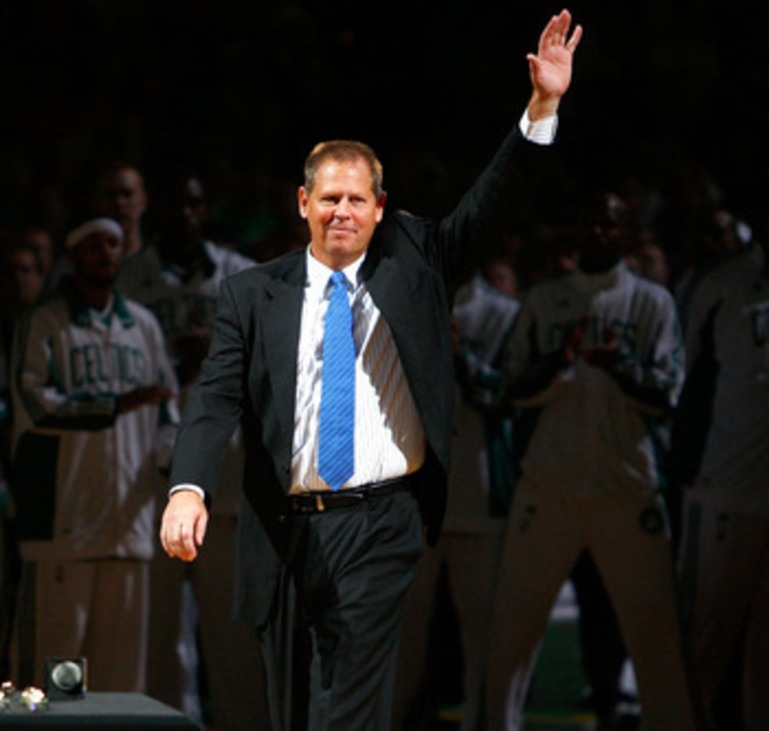 BOSTON, MA - OCTOBER 28: The Boston Celtics President Danny Ainge waves during the 2008 NBA World Championship ceremony before a game against the Cleveland Cavaliers at the TD Banknorth Garden on October 28, 2008 in Boston, Massachusetts. NOTE TO USER: Us