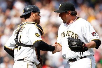PITTSBURGH - MAY 08:  Joel Hanrahan #52 of the Pittsburgh Pirates celebrates with teammate Ryan Doumit #41 after their win against the Houston Astros during the game on May 8, 2011 at PNC Park in Pittsburgh, Pennsylvania.  (Photo by Jared Wickerham/Getty 