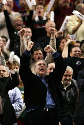 PORTLAND, OR - DECEMBER 21:  Portland Trail Blazers owner Paul Allen celebrates  his team's 10th consecutive victory  during the game against the Denver Nuggets at the Rose Garden on December 21, 2007 in Portland, Oregon.  NOTE TO USER: User expressly ack
