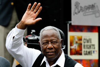ATLANTA, GA - MAY 15:  Hall of Famer Hank Aaron is honored prior to the MLB Civil Rights between the Atlanta Braves and the Philadelphia Phillies at Turner Field on May 15, 2011 in Atlanta, Georgia.  (Photo by Kevin C. Cox/Getty Images)