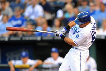 KANSAS CITY, MO - JUNE 3: Melky Cabrera #53 of the Kansas City Royals breaks his bat while batting against the Minnesota Twins at Kauffman Stadium on June 3, 2011 in Kansas City, Missouri. (Photo by G. Newman Lowrance/Getty Images)