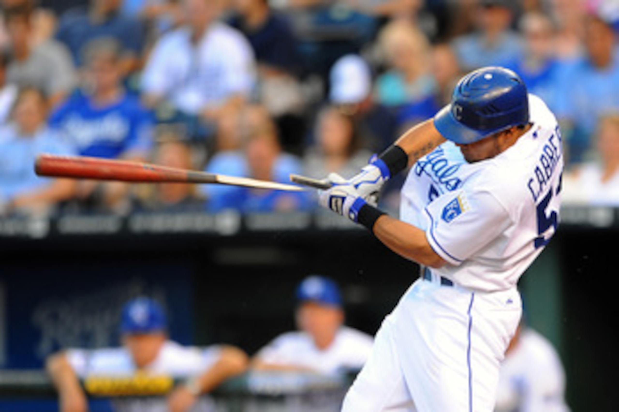 KANSAS CITY, MO - JUNE 3: Melky Cabrera #53 of the Kansas City Royals breaks his bat while batting against the Minnesota Twins at Kauffman Stadium on June 3, 2011 in Kansas City, Missouri. (Photo by G. Newman Lowrance/Getty Images)