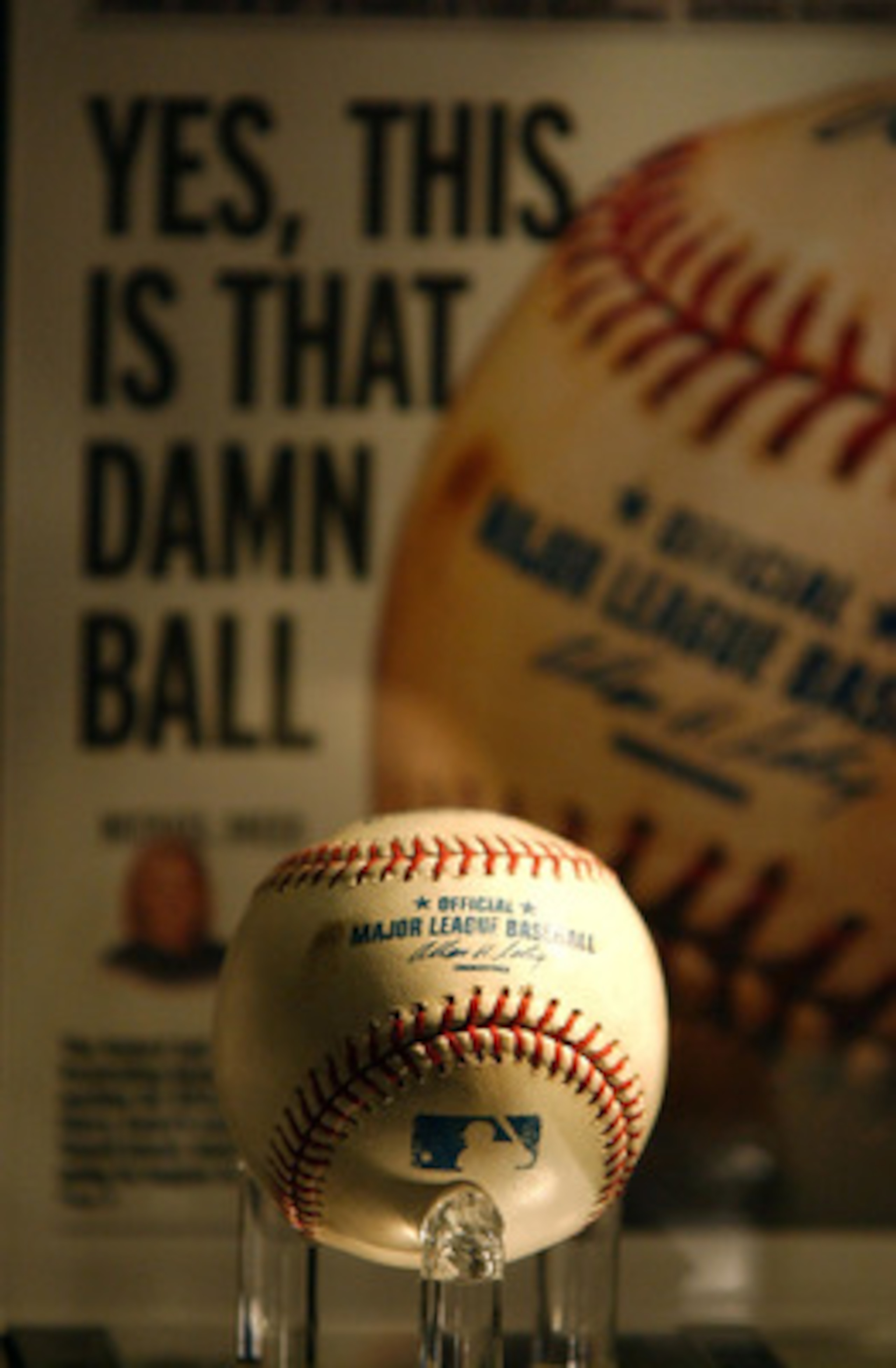 CHICAGO - FEBURARY 26: The infamous cursed Chicago Cubs foul baseball from the 2003 National League Championship Series against the Florida Marlins on display in it's last intact resting place at Harry Caray's Restaurant before being destroyed on February