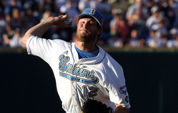 OMAHA, NE - JUNE 28:  Starting pitcher Gerrit Cole #12 of the UCLA Bruins pitches against the South Carolina Gamecocks during Game 1 of the men's 2010 NCAA College Baseball World Series at Rosenblatt Stadium on June 28, 2010 in Omaha, Nebraska.  (Photo by