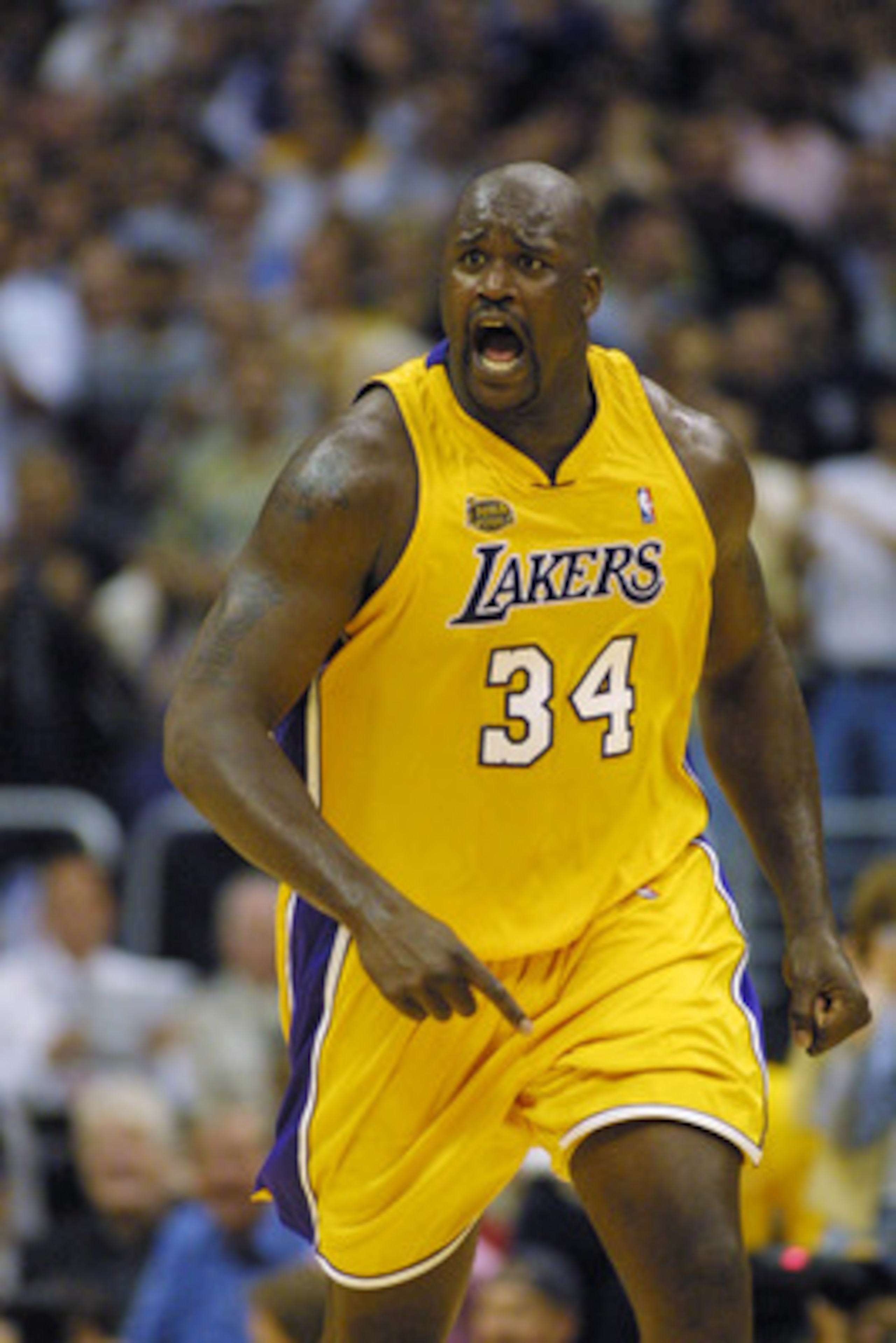 6 Jun 2001: Shaquille O''Neal #34 of the Los Angeles Lakers runs upcourt in game one of the NBA Finals against the Philadelphia 76ers at Staples Center in Los Angeles, California. The 76ers won 107-101. DIGITAL IMAGE. Mandatory Credit: Otto Greule/All 6 Jun 2001: Shaquille O''Neal #34 of the Los Angeles Lakers runs upcourt in game one of the NBA Finals against the Philadelphia 76ers at Staples Center in Los Angeles, California. The 76ers won 107-101. DIGITAL IMAGE. Mandatory Credit: Otto Greule/All