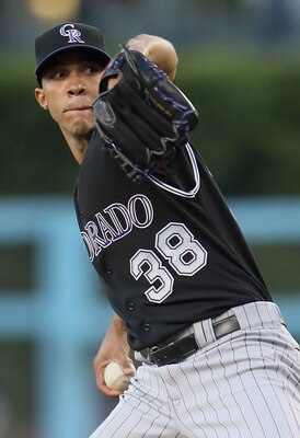 LOS ANGELES, CA - JUNE 01:  Ubaldo Jimenez #38 of the Colorado Rockies pitches against the Los Angeles Dodgers in the first inning at Dodger Stadium on June 1, 2011 in Los Angeles, California.  (Photo by Jeff Gross/Getty Images)