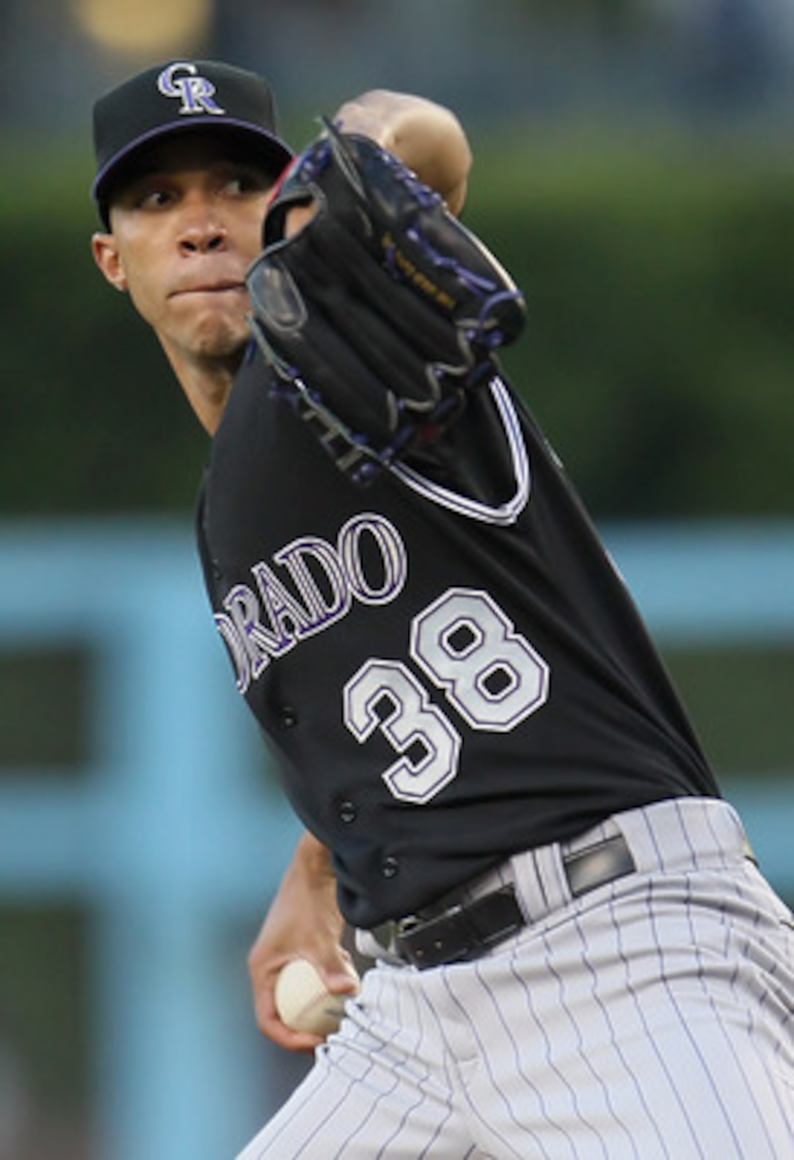 LOS ANGELES, CA - JUNE 01:  Ubaldo Jimenez #38 of the Colorado Rockies pitches against the Los Angeles Dodgers in the first inning at Dodger Stadium on June 1, 2011 in Los Angeles, California.  (Photo by Jeff Gross/Getty Images)