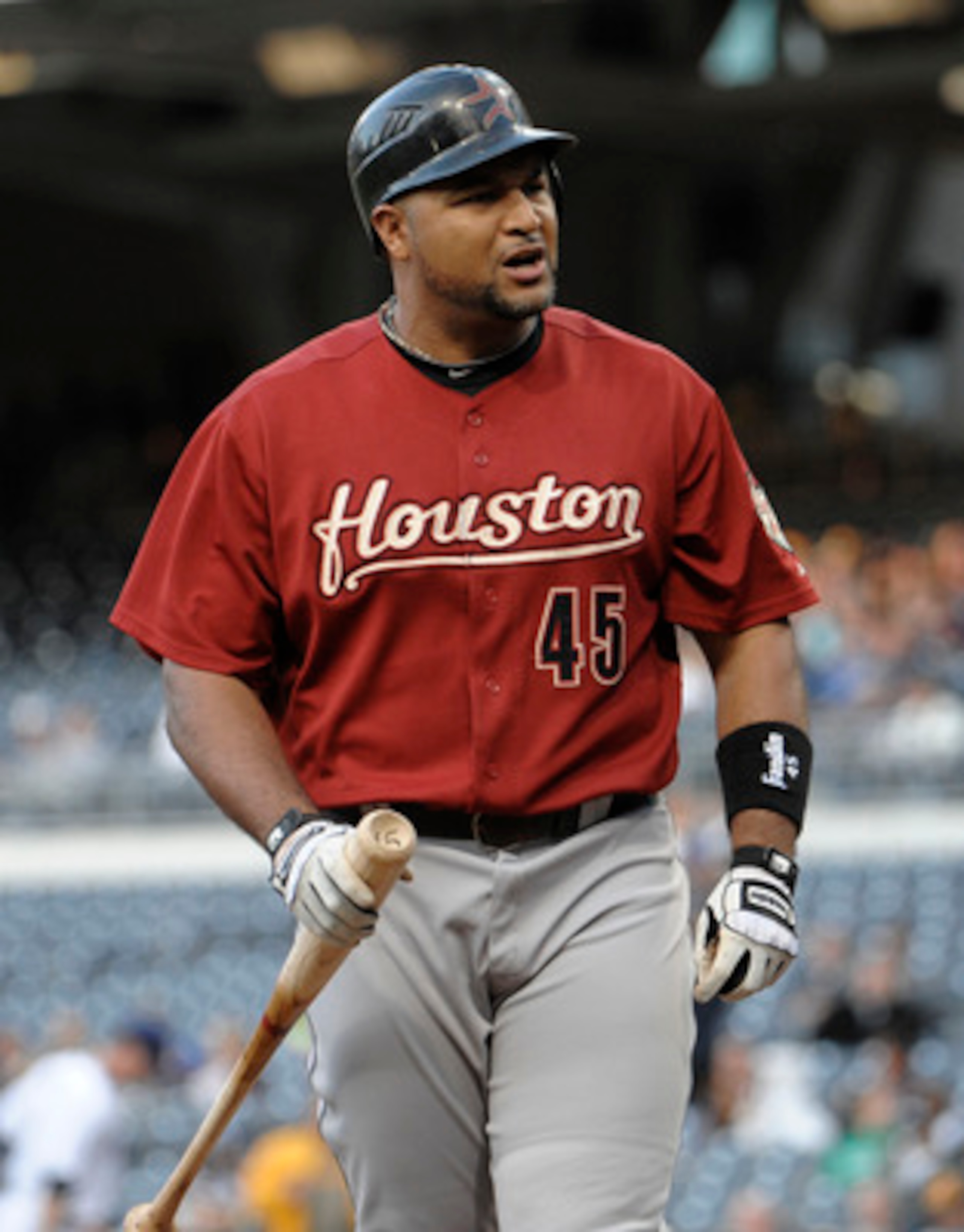 SAN DIEGO, CA - JUNE 2: Carlos Lee #45 of the Houston Astros reacts after striking out during the first inning of against the San Diego Padres at Petco Park on June 2, 2011 in San Diego, California.  (Photo by Denis Poroy/Getty Images)