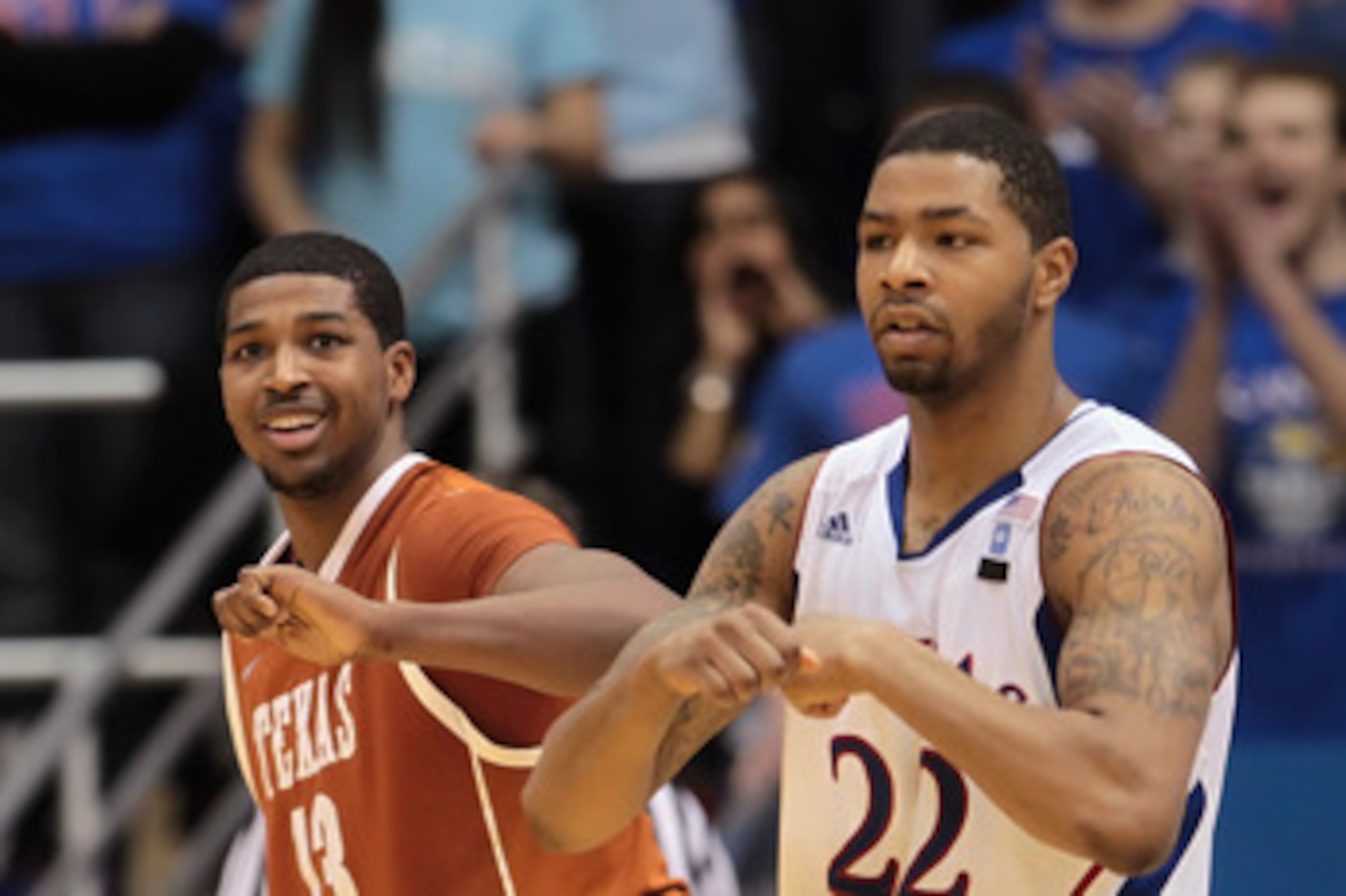 LAWRENCE, KS - JANUARY 22: Tristan Thompson #13 of the Texas Longhorns smiles after drawing a foul from Marcus Morris #22 of the Kansas Jayhawks during the second half of the game on January 22, 2011 at Allen Fieldhouse in Lawrence, Kansas. (Photo by Jami