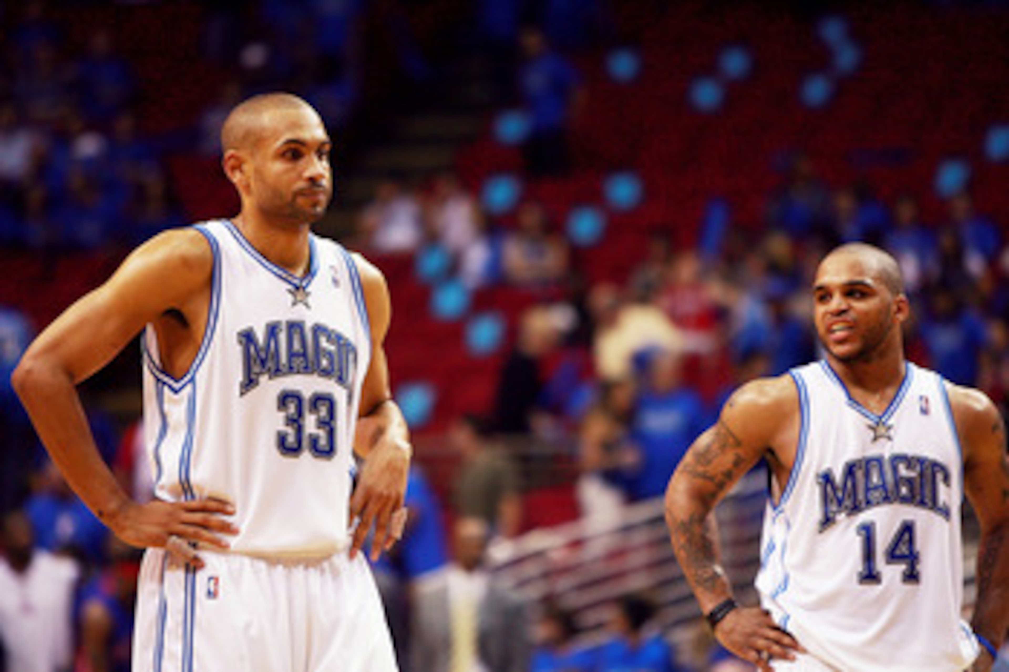 ORLANDO, FL - APRIL 26:  Grant Hill #33 and Jameer Nelson #14 of the Orlando Magic react late in the game against the Detroit Pistons in Game 3 of the Eastern Conference Quarterfinals during the 2007 NBA Playoffs at Amway Arena on April 26, 2007 in Orland