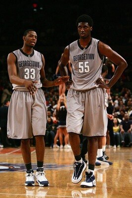 NEW YORK - MARCH 15: Patrick Ewing Jr. #33 and Roy Hibbert #55 of the Georgetown Hoyas react to a play against the Pittsburgh Panthers during the final of the 2008 Big East Men's Basketball Championship at Madison Square Garden on March 15, 2008 in New Yo