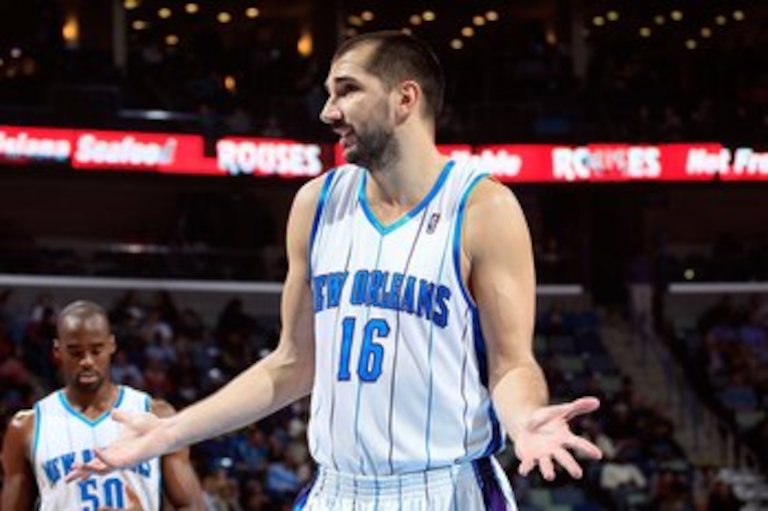 NEW ORLEANS - MARCH 08:  Peja Stojakovic #16 of the New Orleans Hornets reacts to a call against the Golden State Warriors at New Orleans Arena on March 8, 2010 in New Orleans, Louisiana.  NOTE TO USER: User expressly acknowledges and agrees that, by down
