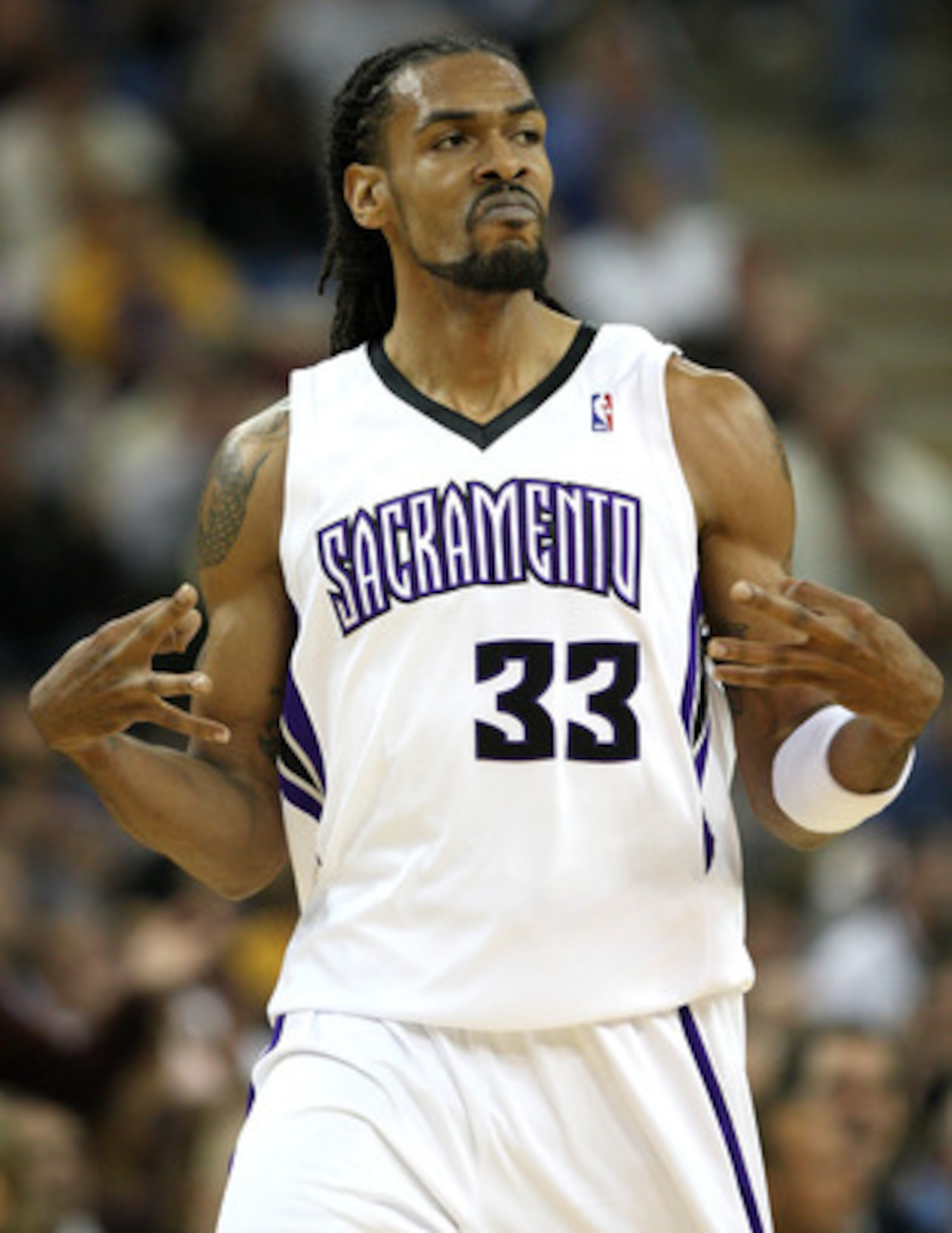 SACRAMENTO, CA - DECEMBER 09: Mikki Moore #33 of the Sacramento Kings celebrates against the Los Angeles Lakers during an NBA game on December 9, 2008 at ARCO Arena in Sacramento, California. NOTE TO USER: User expressly acknowledges and agrees that, by d
