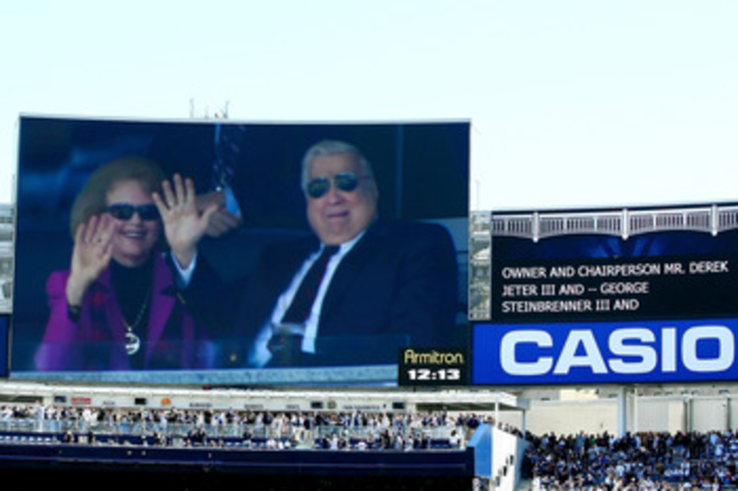 NEW YORK - APRIL 16:  Owner George Steinbrenner (R) is seen on the jumbotron during an opening day ceremony at the new Yankee Stadium on April 16, 2009 in the Bronx borough of New York City. This is the first regular season MLB game being played at the ne