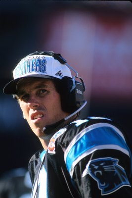 SAN FRANCISCO, CA - AUGUST 19:  Quarterback Jack Trudeau #10 of the Carolina Panthers looks on from the sideline during the exhibition game against the San Francisco 49ers at Candlestick Park on August 19, 1995 in San Francisco, California.  The 49ers won