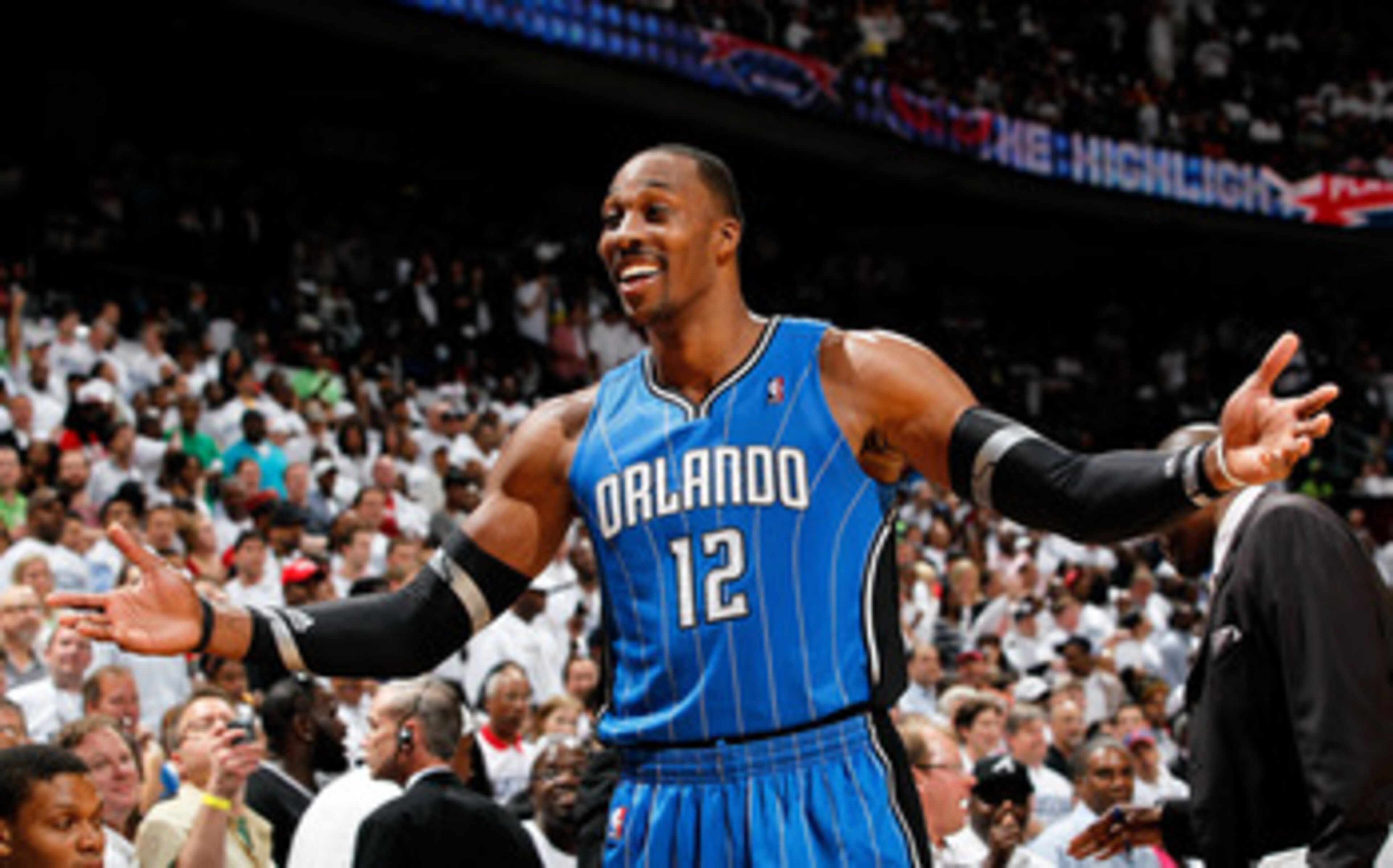 ATLANTA, GA - APRIL 22:  Dwight Howard #12 of the Orlando Magic reacts after being called for a technical foul against the Atlanta Hawks during Game Three of the Eastern Conference Quarterfinals in the 2011 NBA Playoffs at Philips Arena on April 22, 2011