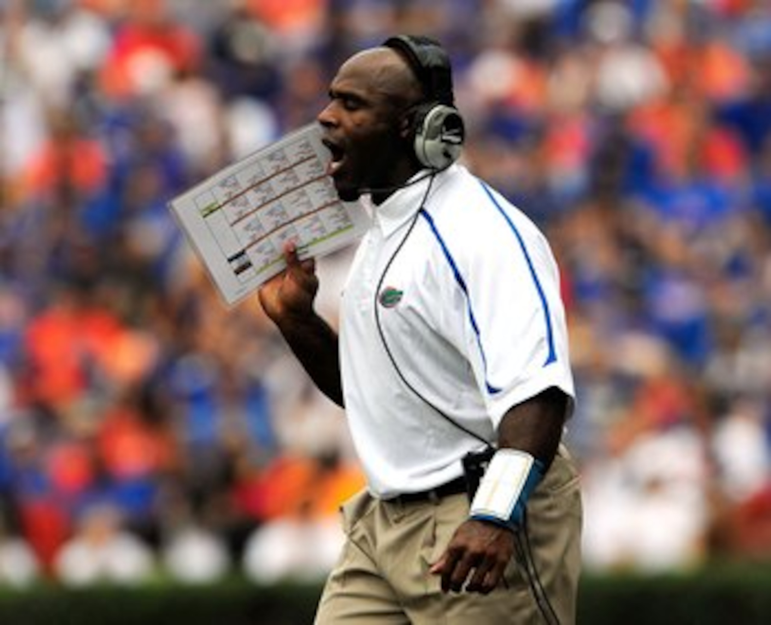 GAINESVILLE, FL - SEPTEMBER 12:  Defensive coordinator Charlie Strong of the Florida Gators calls out a signal during the game against the Troy Trojans at Ben Hill Griffin Stadium on September 12, 2009 in Gainesville, Florida.  (Photo by Sam Greenwood/Get