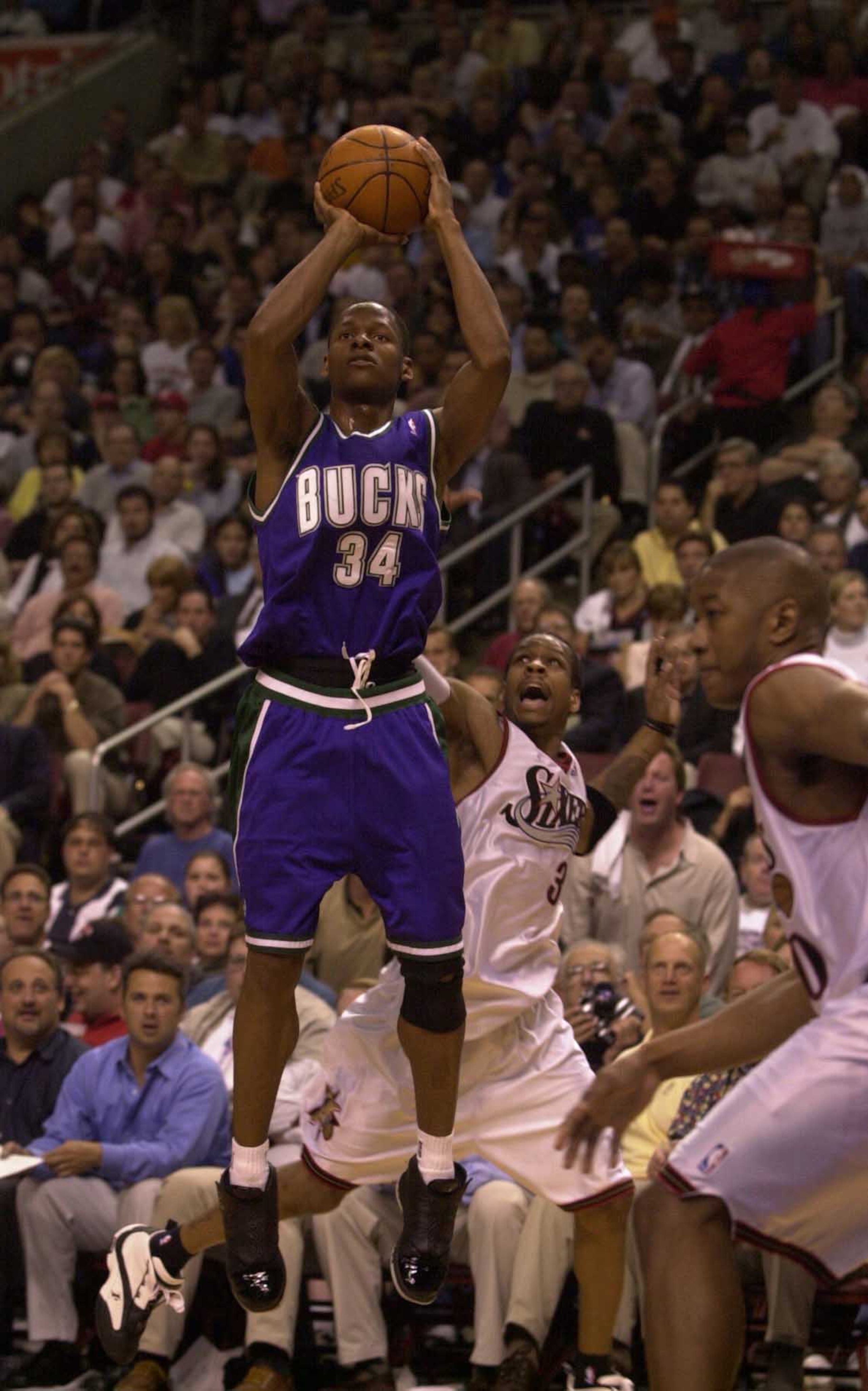 22 May 2001:   Ray Allen #34 of the Milwaukee Bucks takes a shot while guarded by Allen Iverson #3 of the Philadelphia 76ers during game one of the Eastern Conference Finals between the Milwaukee Bucks and the Philadelphia 76ers at the First Union Center