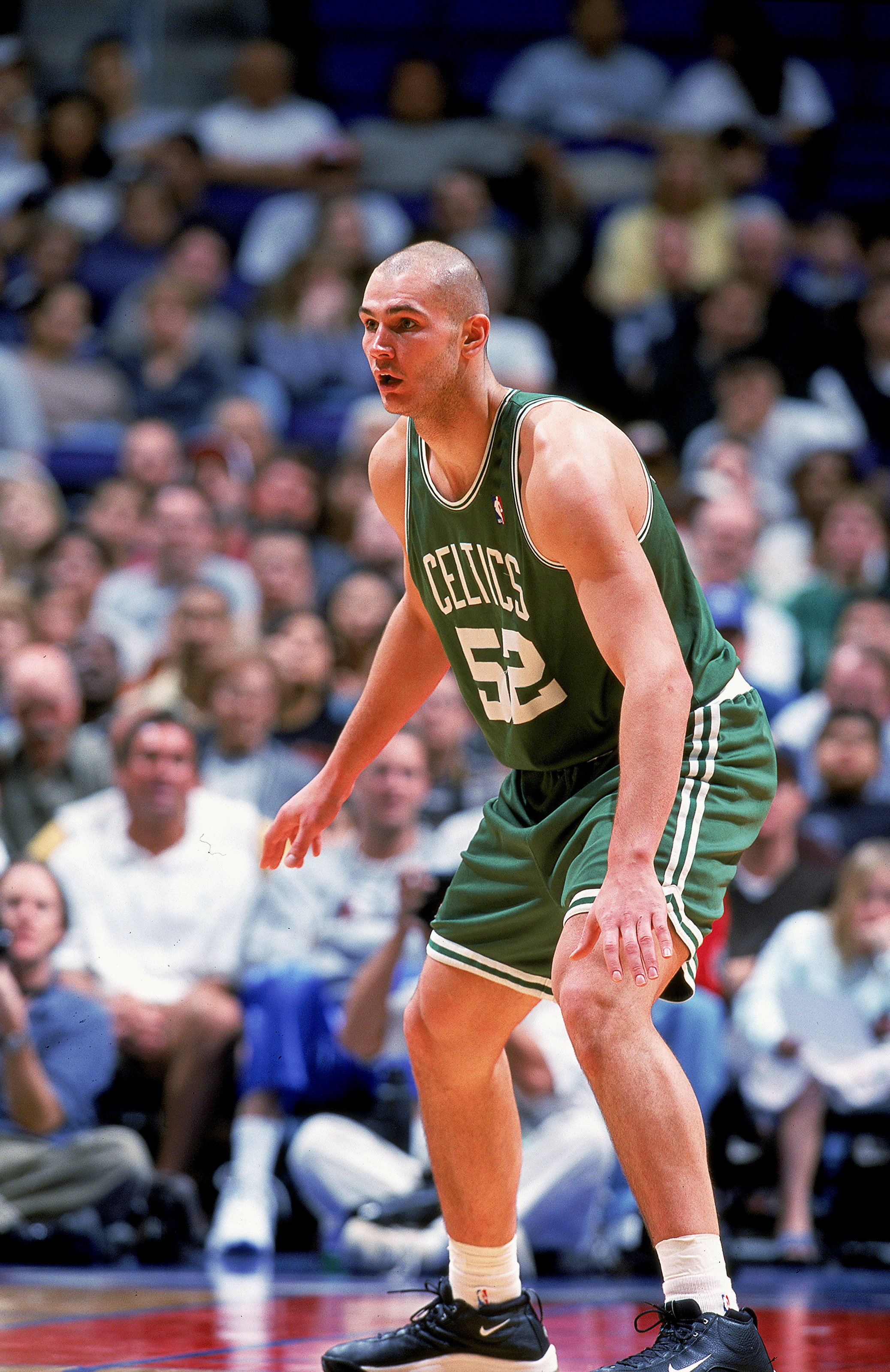 LOS ANGELES - DECEMBER 26:  Vitaly Potapenko #52 of the Boston Celtics guards the basket during a game against the Los Angeles Clippers at the Staples Center on December 26, 1999 in Los Angeles, California. The Clippers defeated the Celtics 103-100.  NOTE