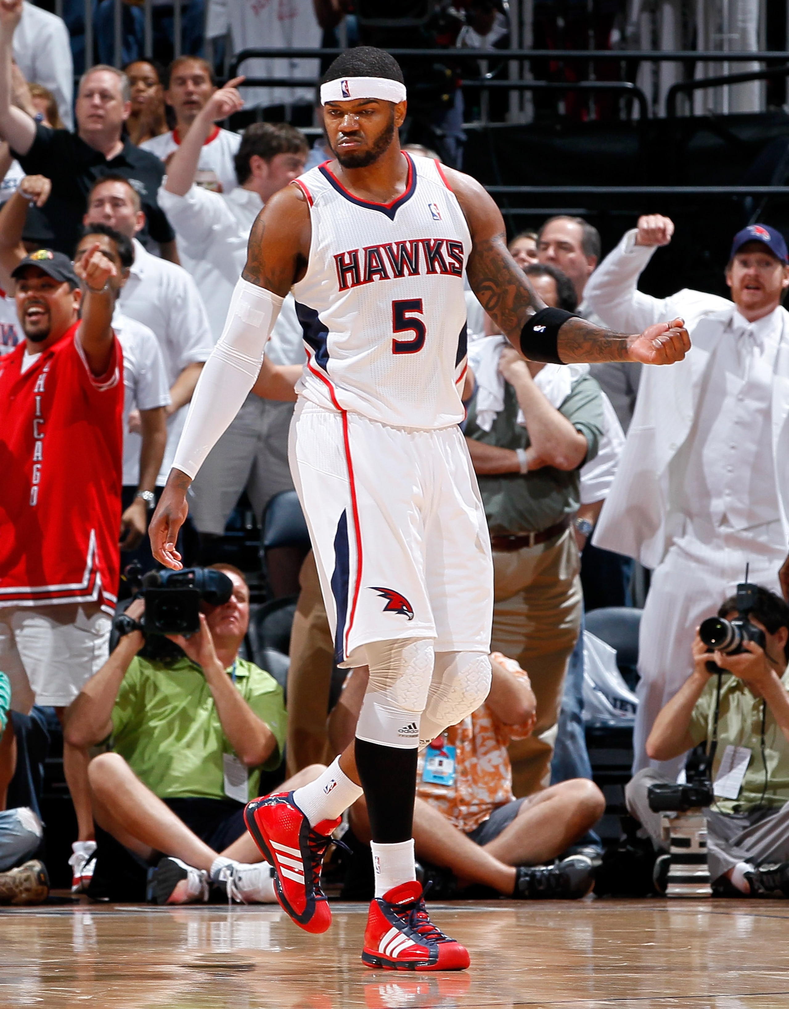 ATLANTA, GA - MAY 12:  Josh Smith #5 of the Atlanta Hawks reacts after drawing a foul after a shot against the Chicago Bulls in Game Six of the Eastern Conference Semifinals in the 2011 NBA Playoffs at Phillips Arena on May 12, 2011 in Atlanta, Georgia.