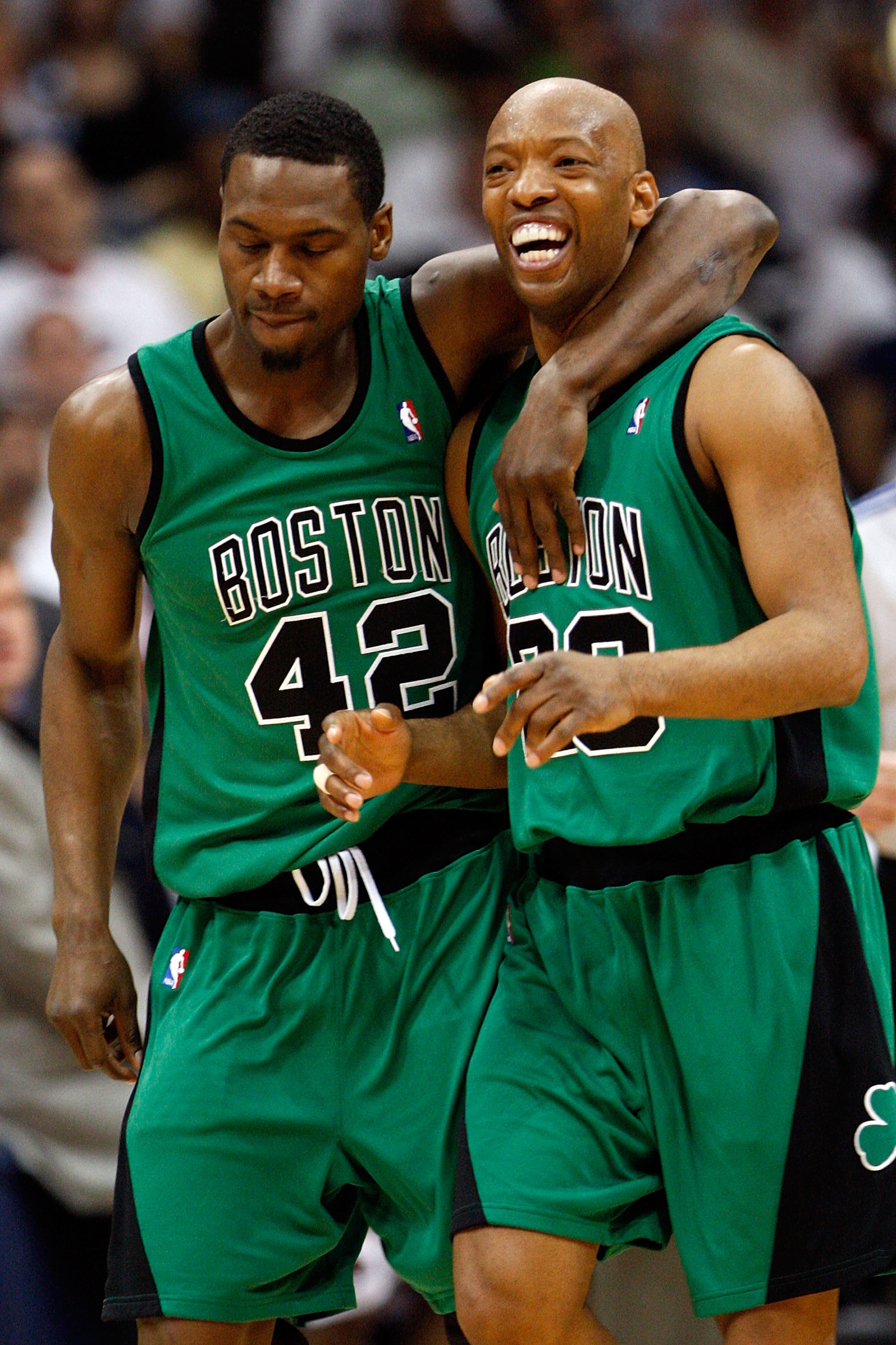 ATLANTA - MAY 02:  Tony Allen #42 puts his arm around Sam Cassell #28 of the Boston Celtics after a foul against the Atlanta Hawks in Game Six of the Eastern Conference Quarterfinals during the 2008 NBA Playoffs at Phillips Arena on May 2, 2008 in Atlanta