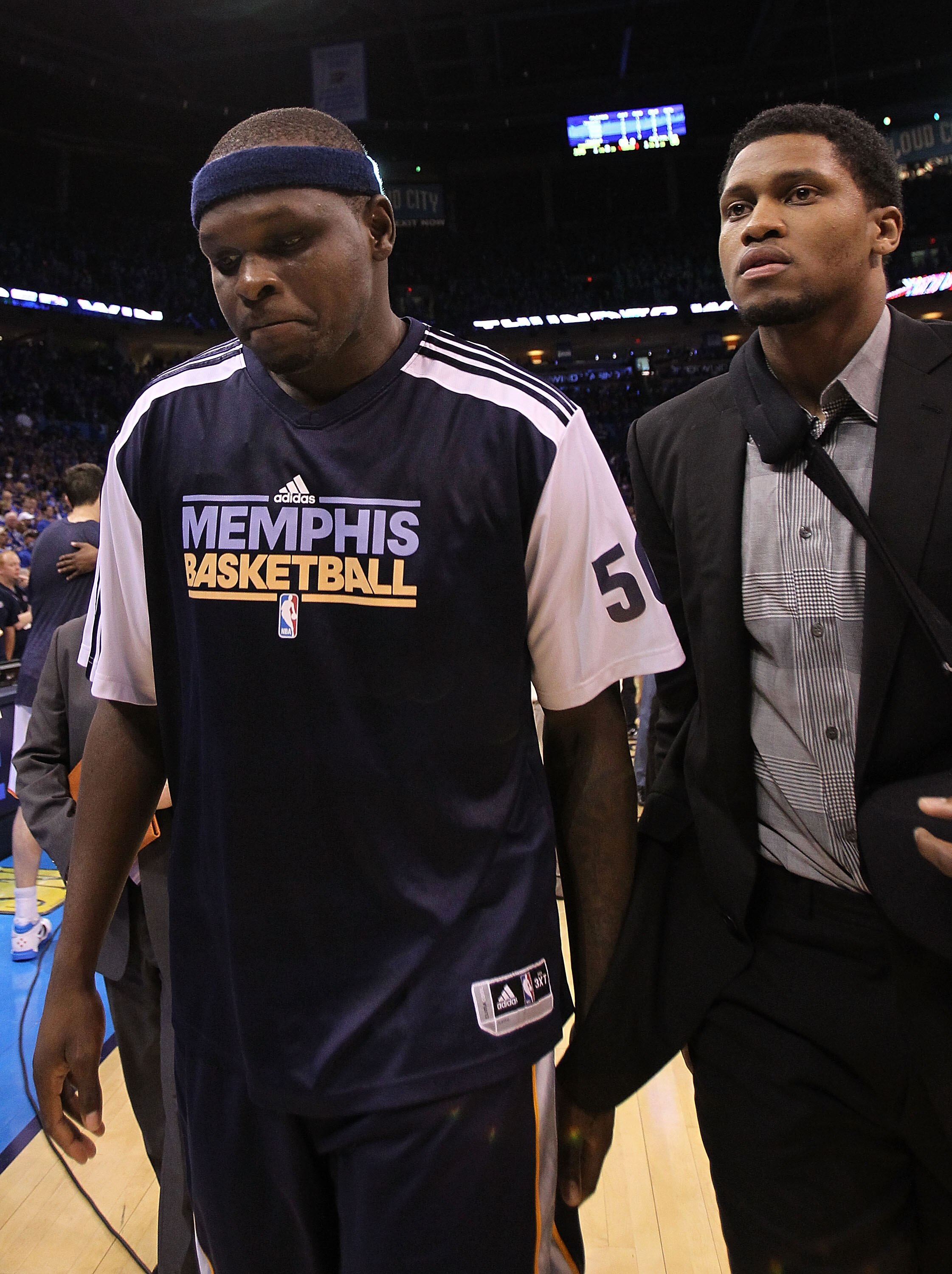 OKLAHOMA CITY, OK - MAY 15:  (L-R) Forward Zach Randolph #50 and Rudy Gay walk off the court after a 90-105 loss against the Oklahoma City Thunder in Game Seven of the Western Conference Semifinals in the 2011 NBA Playoffs on May 15, 2011 at Oklahoma City