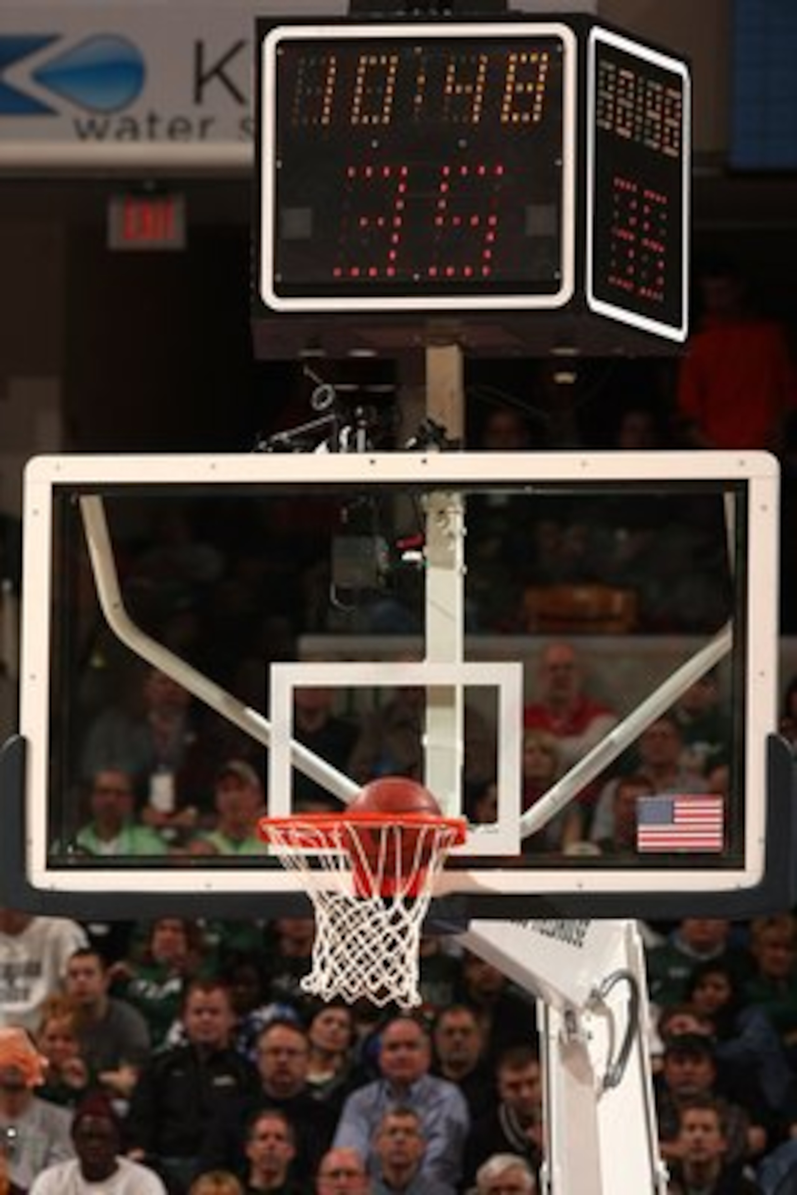 INDIANAPOLIS - MARCH 14:  A detail of the backboard and shot clock as a basketball goes thru the hoop as the Michigan State Spartans play against the Ohio State Buckeyes during their semifinal game of the Big Ten Men's Basketball Tournament at Conseco Fie