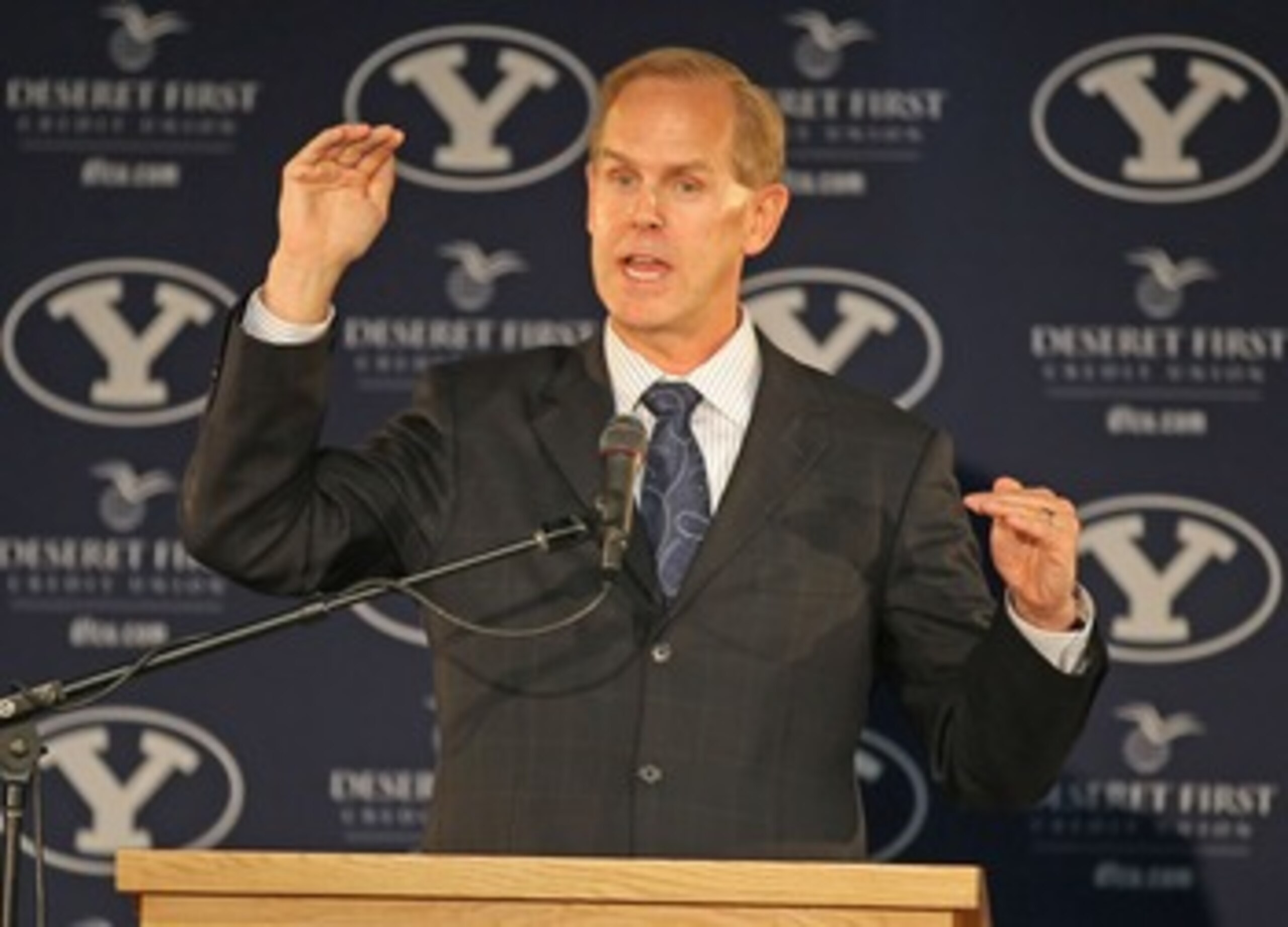 PROVO, UT - SEPTEMBER 1:  BYU  Athletic Director Tom Holmoe announces that BYU football will become independent in football in 2011 separating from the Mountain West Conference, September 1, 2010 in Provo, Utah. The remaining BYU sports will become affili