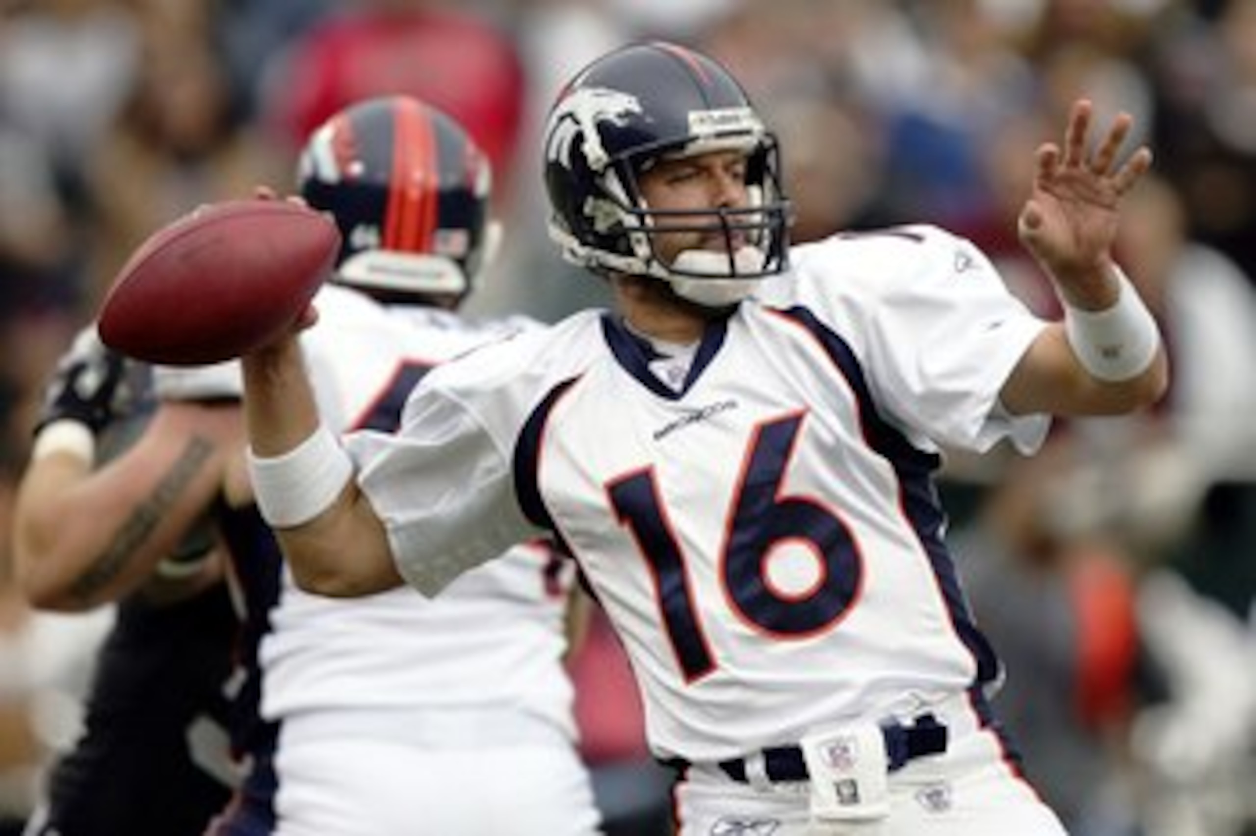 OAKLAND, CA - NOVEMBER 12: Jake Plummer #16 of the Denver Broncos passes the ball during the NFL game against the Oakland Raiders at McAfee Coliseum on November 12, 2006 in Oakland, California. (Photo by Jed Jacobsohn/Getty Images) OAKLAND, CA - NOVEMBER 12: Jake Plummer #16 of the Denver Broncos passes the ball during the NFL game against the Oakland Raiders at McAfee Coliseum on November 12, 2006 in Oakland, California. (Photo by Jed Jacobsohn/Getty Images)