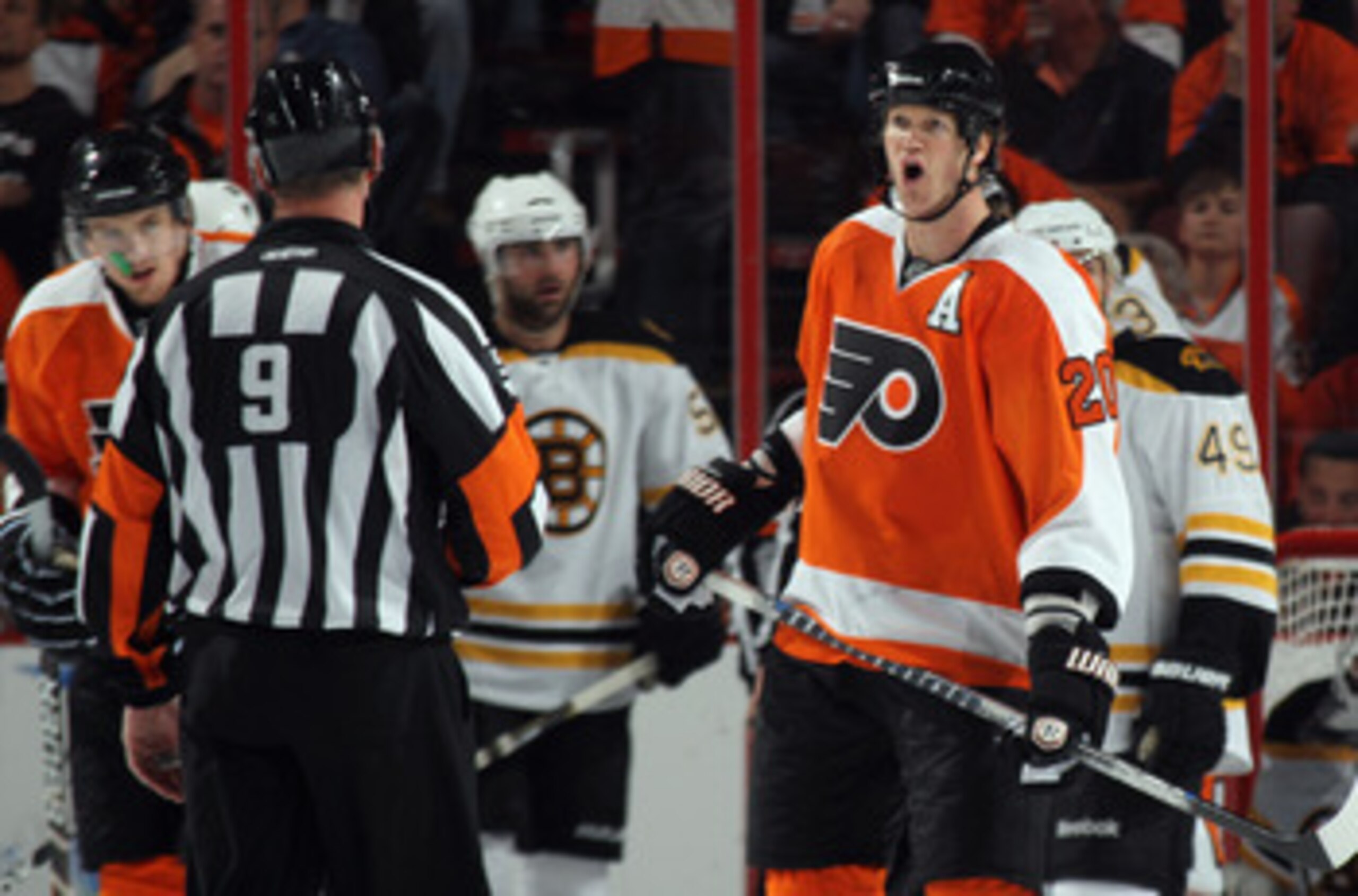 PHILADELPHIA, PA - APRIL 30: Chris Pronger #20 of the Philadelphia Flyers argues a call with referee Dan O'Rourke #9 in Game One against the Boston Bruins  of the Eastern Conference Semifinals during the 2011 NHL Stanley Cup Playoffs at the Wells Fargo Ce