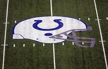 INDIANAPOLIS - SEPTEMBER 21:  The Indianapolis Colts logo at the 50-yard line on September 21, 2008 at Lucas Oil Stadium in Indianapolis, Indiana.  (Photo by Ronald Martinez/Getty Images)