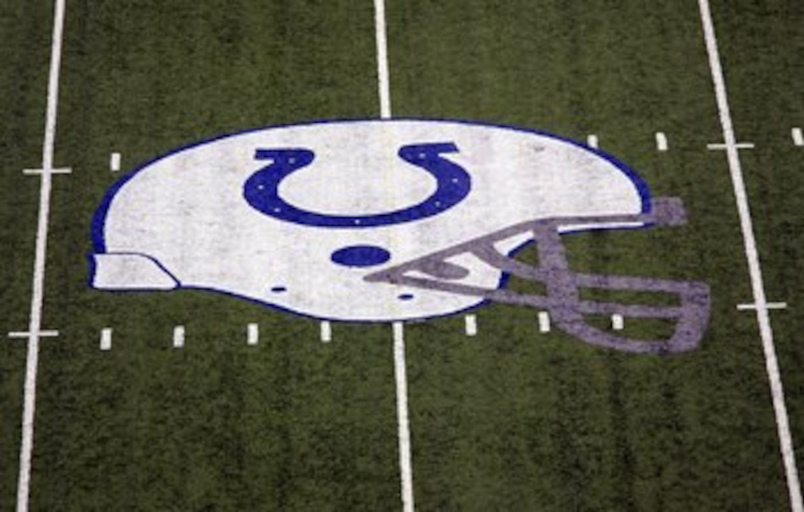 INDIANAPOLIS - SEPTEMBER 21:  The Indianapolis Colts logo at the 50-yard line on September 21, 2008 at Lucas Oil Stadium in Indianapolis, Indiana.  (Photo by Ronald Martinez/Getty Images)