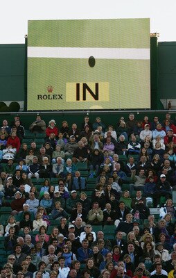 LONDON - JUNE 25:   The hawkeye system displays a decision on the screen during the Men's Singles first round match between Tim Henman of Great Britain and Carlos Moya of Spain during day one of the Wimbledon Lawn Tennis Championships at the All England L