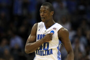 CHARLOTTE, NC - MARCH 20:  Harrison Barnes #40 of the North Carolina Tar Heels reacts in the second half while taking on the Washington Huskies during the third round of the 2011 NCAA men's basketball tournament at Time Warner Cable Arena on March 20, 201