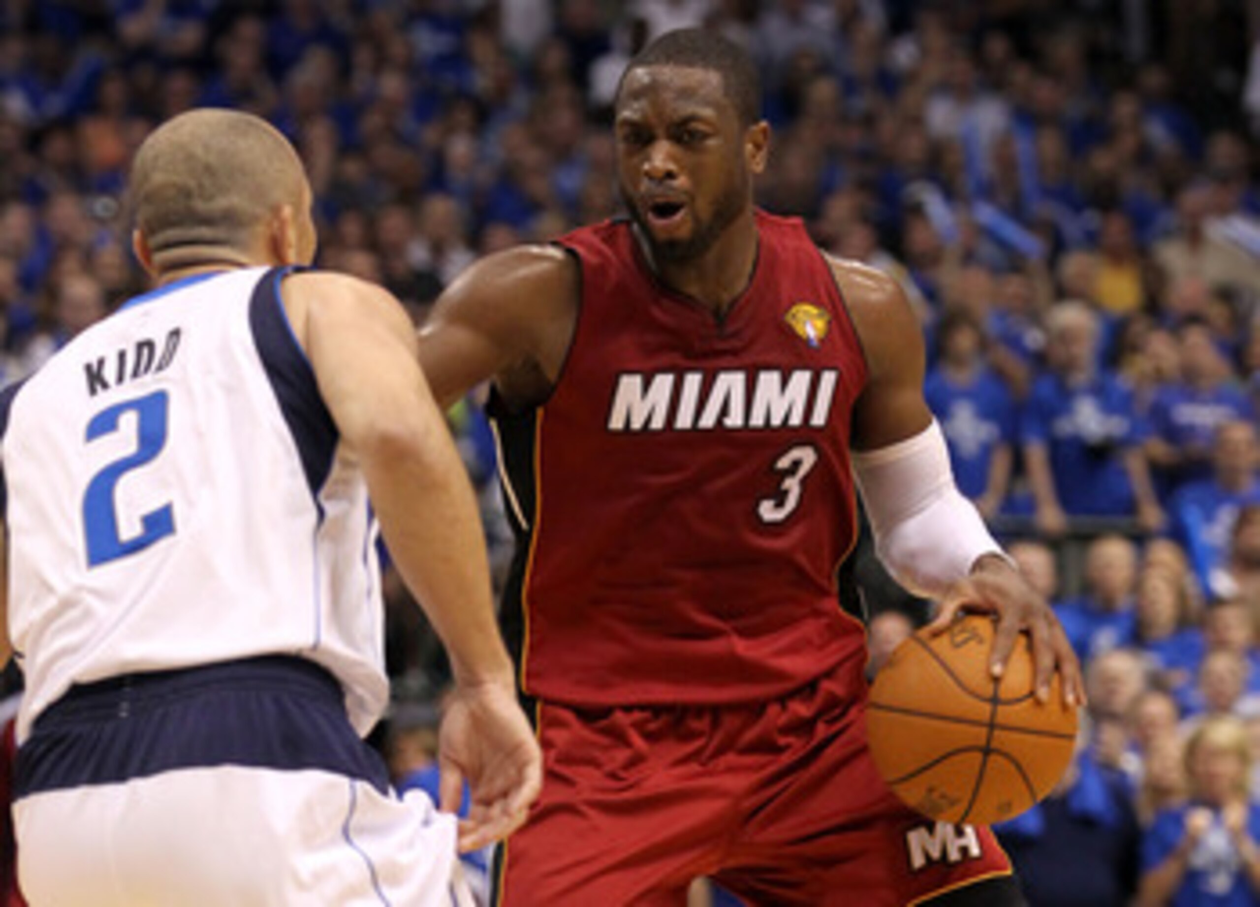 DALLAS, TX - JUNE 05:  Dwyane Wade #3 of the Miami Heat moves the ball against Jason Kidd #2 of the Dallas Mavericks in Game Three of the 2011 NBA Finals at American Airlines Center on June 5, 2011 in Dallas, Texas.  NOTE TO USER: User expressly acknowled