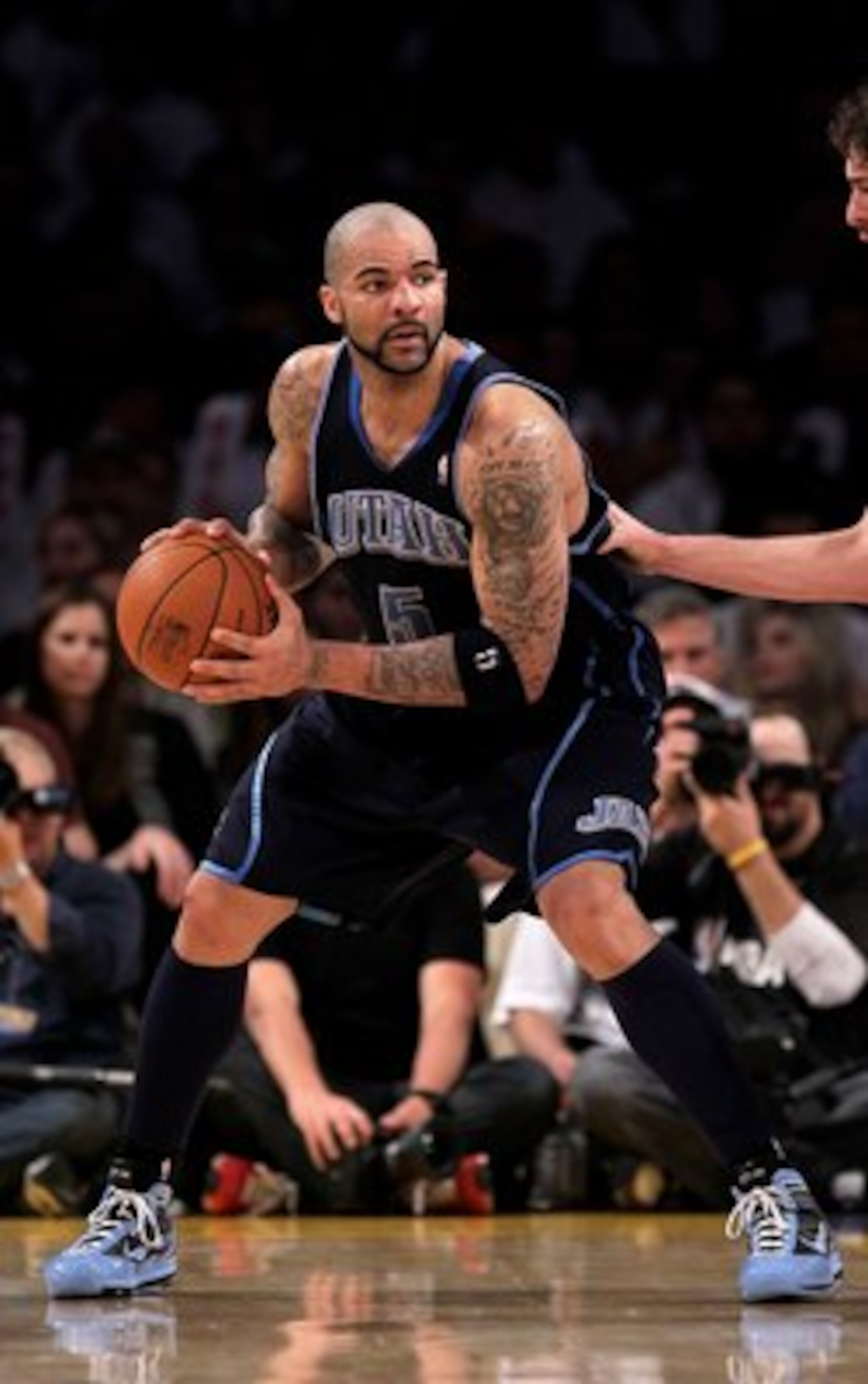 LOS ANGELES, CA - MAY 02:  Carlos Boozer #5 of the Utah Jazz controls the ball against the Los Angeles Lakers during Game One of the Western Conference Semifinals of the 2010 NBA Playoffs on May 2, 2010 at Staples Center in Los Angeles, California.  The L