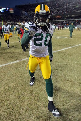 CHICAGO, IL - JANUARY 23:  Atari Bigby #20 of the Green Bay Packers celebrates after the Packers 21-14 victory against the Chicago Bears in the NFC Championship Game at Soldier Field on January 23, 2011 in Chicago, Illinois.  (Photo by Doug Pensinger/Gett