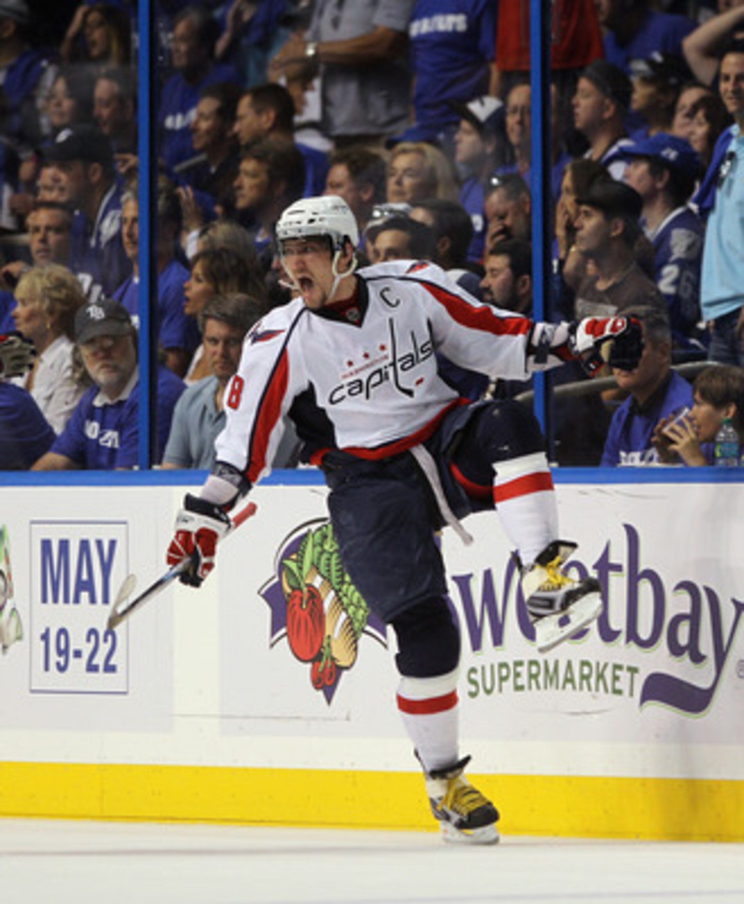 TAMPA, FL - MAY 03:  Alex Ovechkin #8 of the Washington Capitals scores a power play goal at 17:27 of the second period against the Tampa Bay Lightning in Game Three of the Eastern Conference Semifinals during the 2011 NHL Stanley Cup Playoffs at St Pete 
