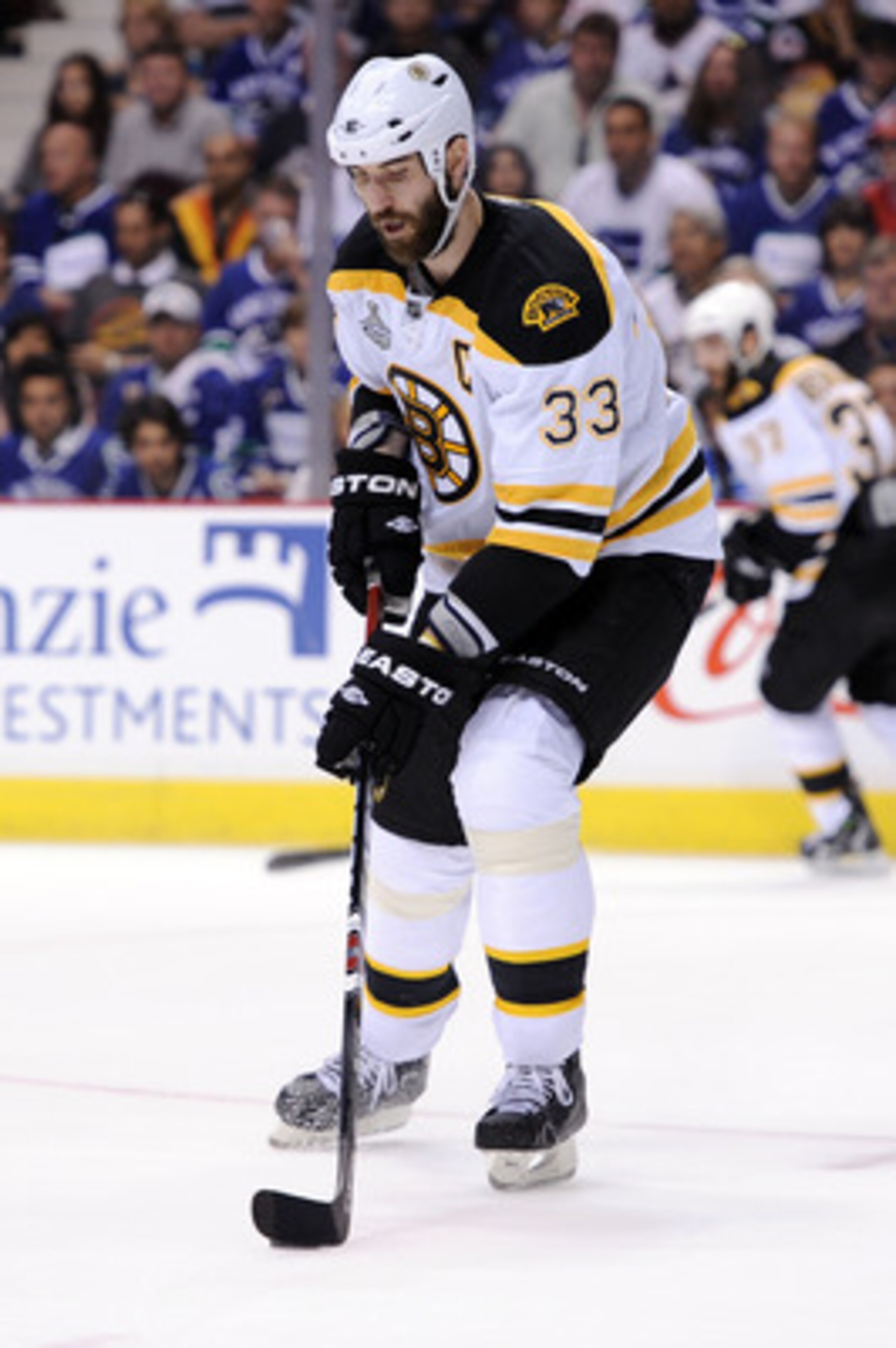 VANCOUVER, BC - JUNE 04:  Zdeno Chara #33 of the Boston Bruins skates with the puck against the Vancouver Canucks during Game Two of the 2011 NHL Stanley Cup Final at Rogers Arena on June 4, 2011 in Vancouver, British Columbia, Canada.  (Photo by Harry Ho