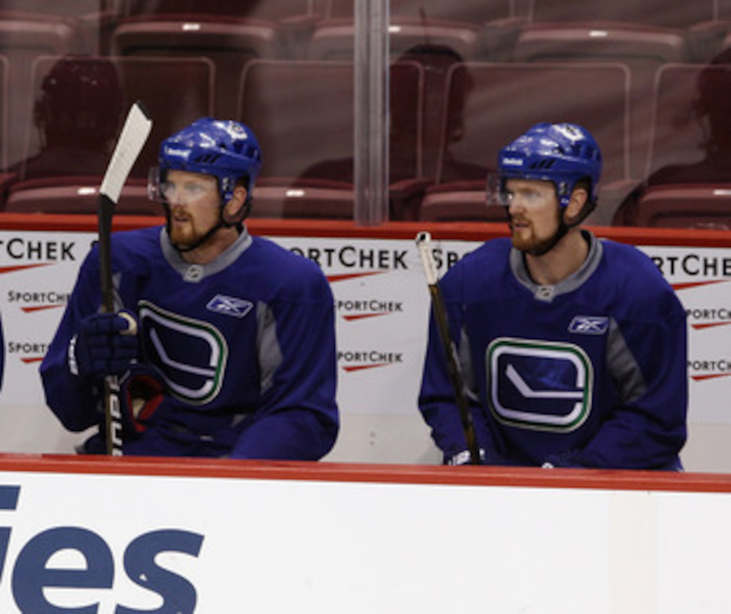 VANCOUVER, BC - MAY 31: (L-R) Daniel and Henrik Sedin of the Vancouver Canucks take part in a practice session the day before the opening game of the 2011 NHL Stanley Cup Finals at the Rogers Arena on May 31, 2011 in Vancouver, Canada.  (Photo by Bruce Be