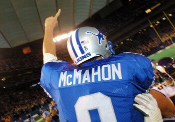 16 Dec 2001: Quarterback Mike McMahon #8 of the Detroit Lions celebrates his team's 27-24 win over the Minnesota Vikings at The Pontiac Silverdome in Pontiac, Michigan. This was the Lions first win of the 2001 season.  DIGITAL IMAGE. Mandatory Credit: Dan