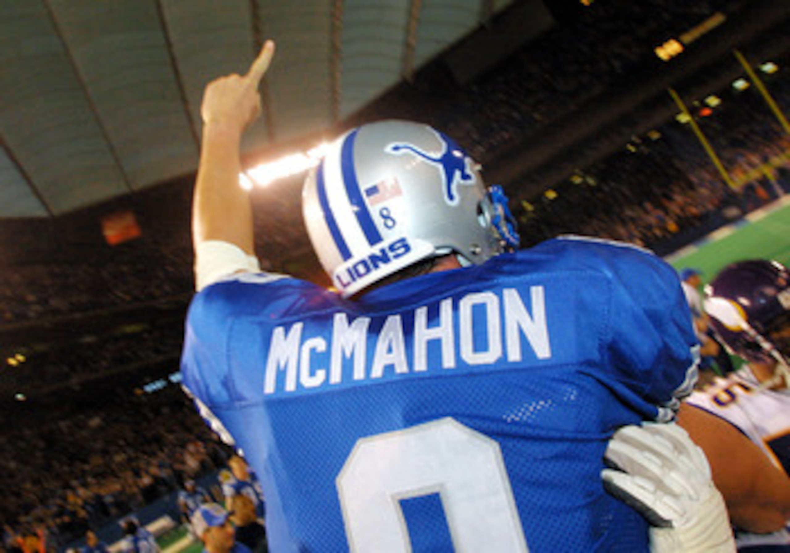 16 Dec 2001: Quarterback Mike McMahon #8 of the Detroit Lions celebrates his team's 27-24 win over the Minnesota Vikings at The Pontiac Silverdome in Pontiac, Michigan. This was the Lions first win of the 2001 season. DIGITAL IMAGE. Mandatory Credit: Dan 16 Dec 2001: Quarterback Mike McMahon #8 of the Detroit Lions celebrates his team's 27-24 win over the Minnesota Vikings at The Pontiac Silverdome in Pontiac, Michigan. This was the Lions first win of the 2001 season. DIGITAL IMAGE. Mandatory Credit: Dan