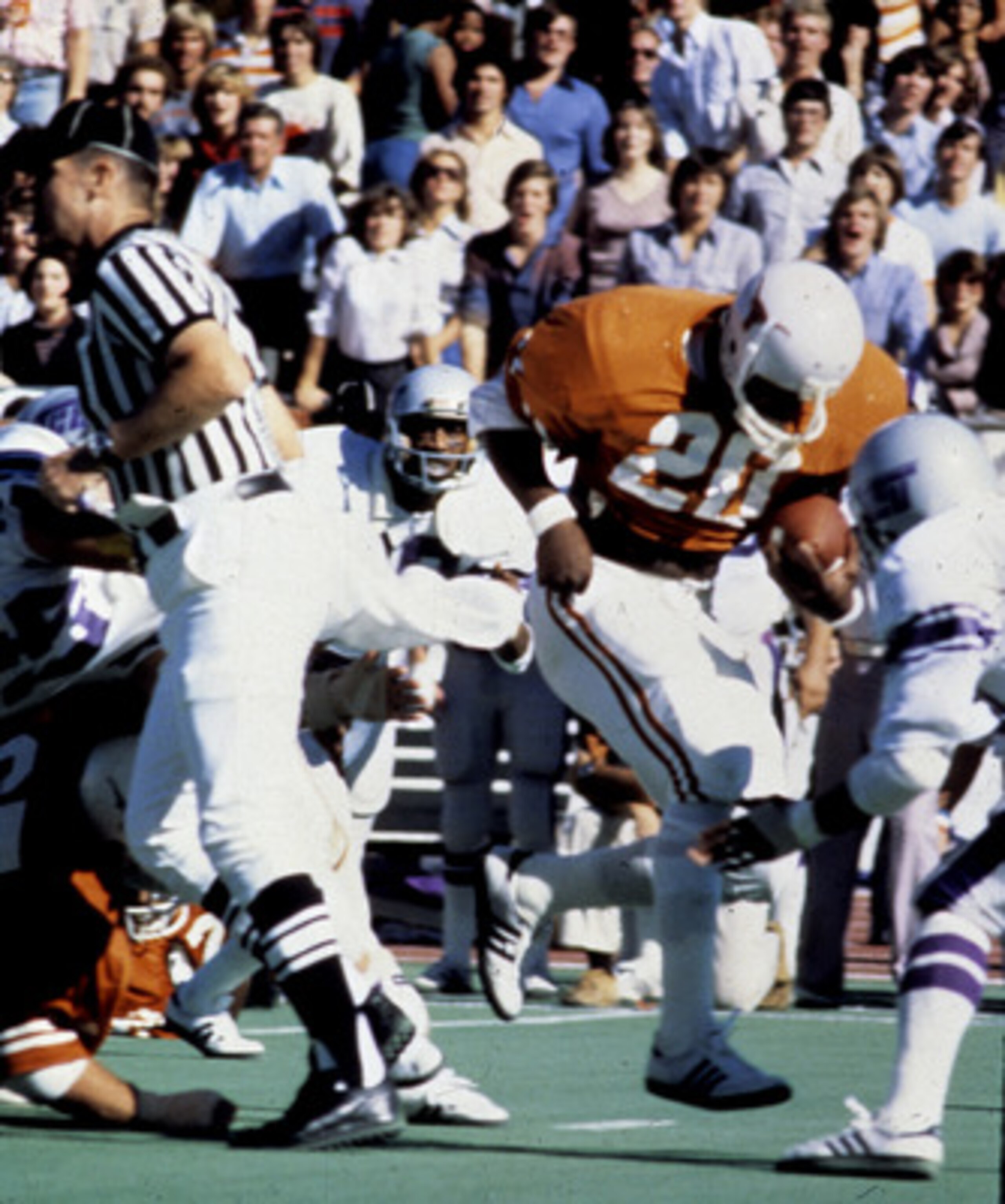 Running back Earl Campbell of the University of Texas Longhorns. Campbell was the 1977 Heisman trophy winner and was inducted into the Pro Football Hall of Fame in 1991. (Photo by University of Texas/Getty Images)