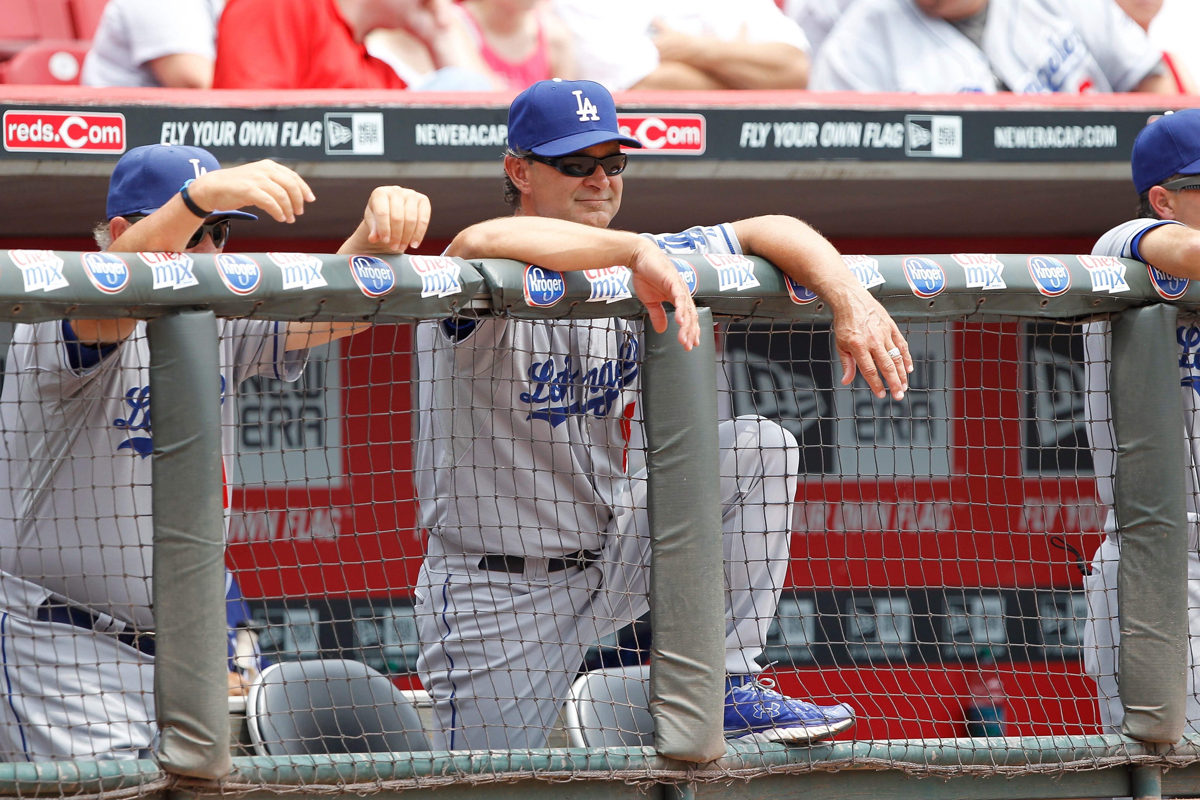 CINCINNATI, OH - JUNE 5: Los Angeles Dodgers manager Don Mattingly looks on during the game against the Cincinnati Reds at Great American Ball Park on June 5, 2011 in Cincinnati, Ohio. The Dodgers defeated the Reds 9-6. (Photo by Joe Robbins/Getty Images)