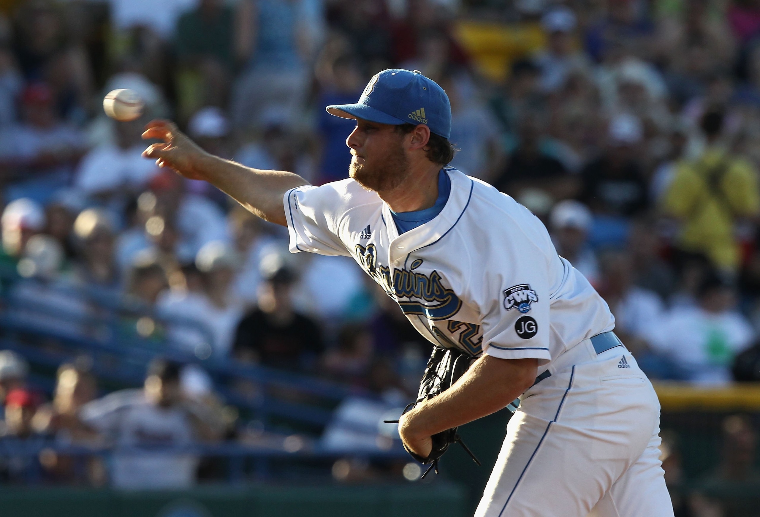 OMAHA, NE - JUNE 28:  Starting pitcher Gerrit Cole #12 of the UCLA Bruins pitches against the South Carolina Gamecocks during game 1 of the men's 2010 NCAA College Baseball World Series at Rosenblatt Stadium on June 28, 2010 in Omaha, Nebraska. The Gameco