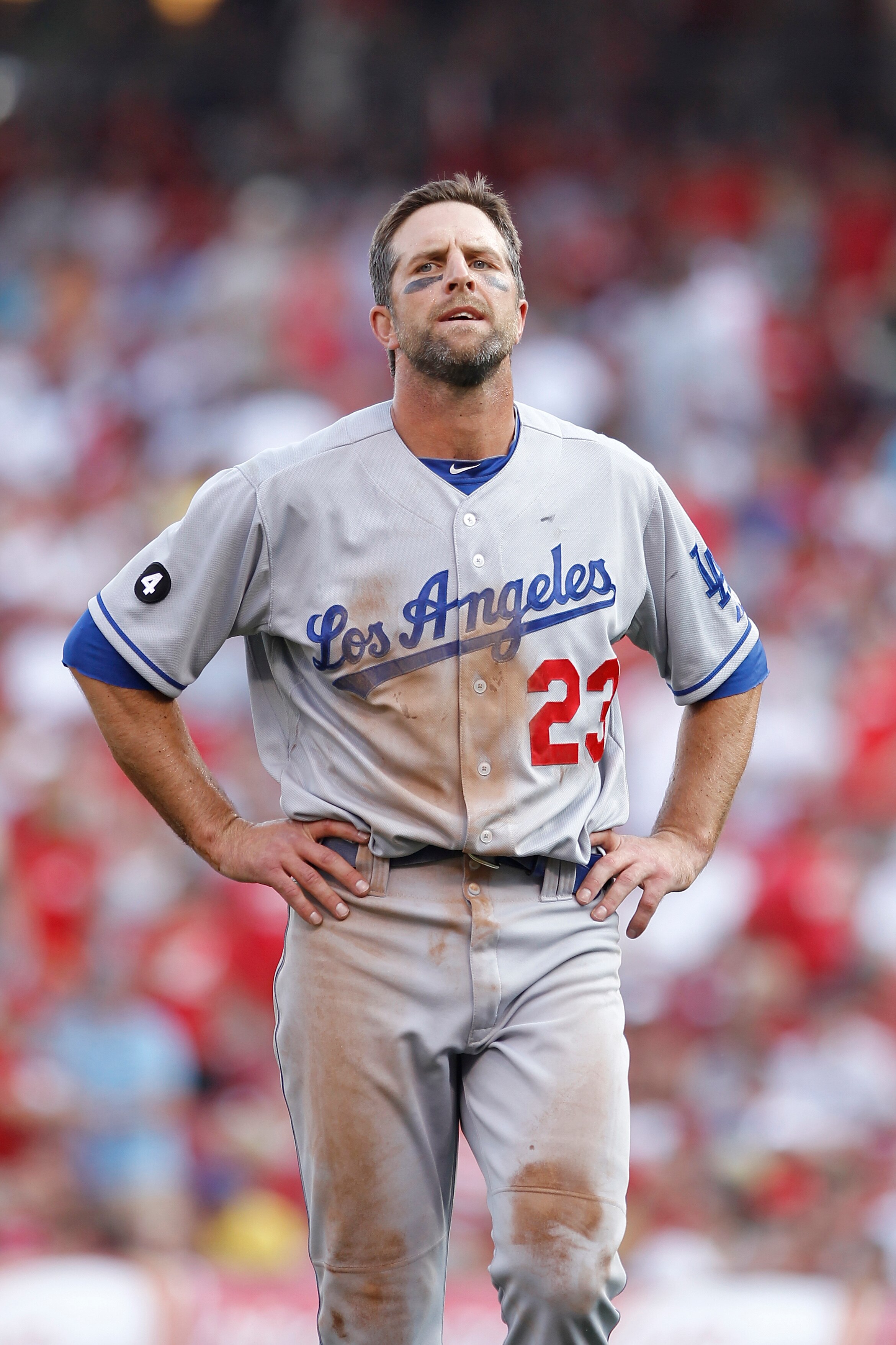 CINCINNATI, OH - JUNE 4: Casey Blake #23 of the Los Angeles Dodgers reacts after being thrown out on a double play at first base against the Cincinnati Reds at Great American Ball Park on June 4, 2011 in Cincinnati, Ohio. The Dodgers won 11-8 in eleven in