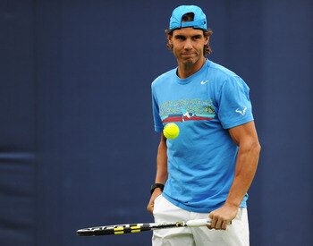 LONDON, ENGLAND - JUNE 06:  Rafael Nadal of Spain on the practice court during day one of the AEGON Championships at Queens Club on June 6, 2011 in London, England.  (Photo by Michael Regan/Getty Images)