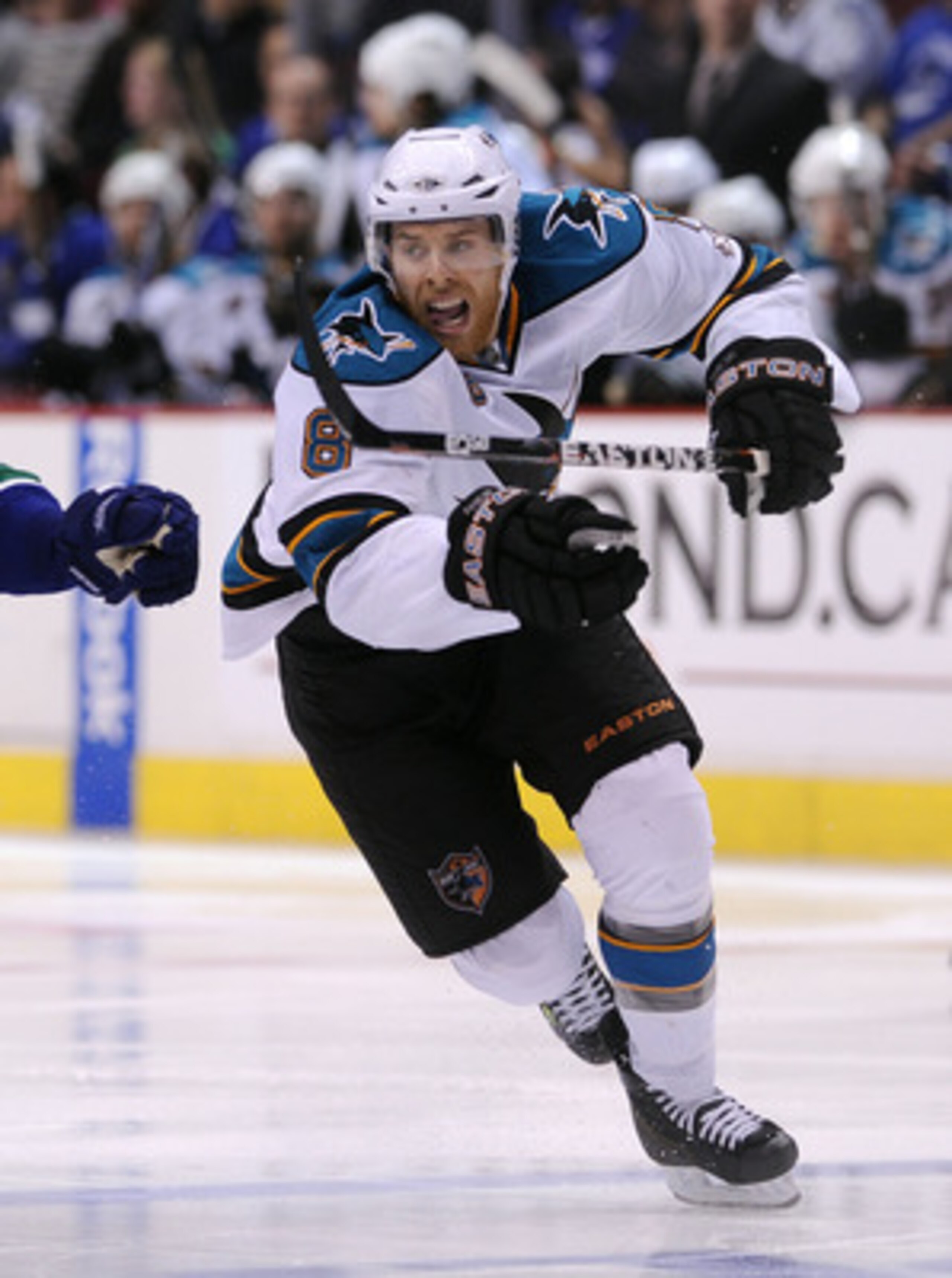 VANCOUVER, CANADA - MAY 24:  Joe Pavelski #8 of the San Jose Sharks skates on the attack in Game Five of the Western Conference Finals against Vancouver Canucks during the 2011 Stanley Cup Playoffs at Rogers Arena on May 24, 2011 in Vancouver, British Col